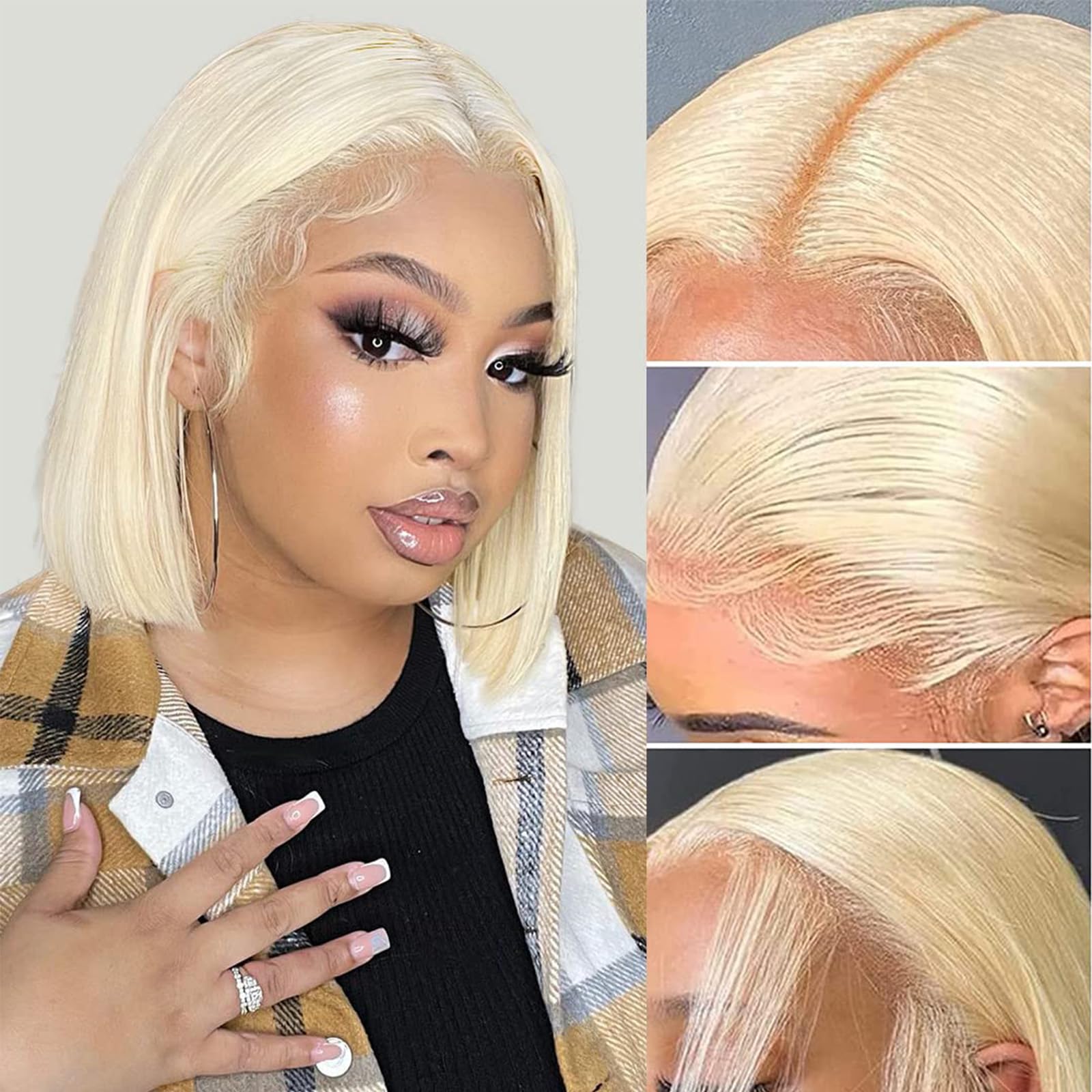 Jessica Blonde 613 Lace Front Wig - Short Straight Bob Human Hair Wig with Pre-Plucked Natural Hairline & Baby Hair | Perfect for Black Women (12 Inch) | Great for Cosplay, Daily Wear & Special Occasions