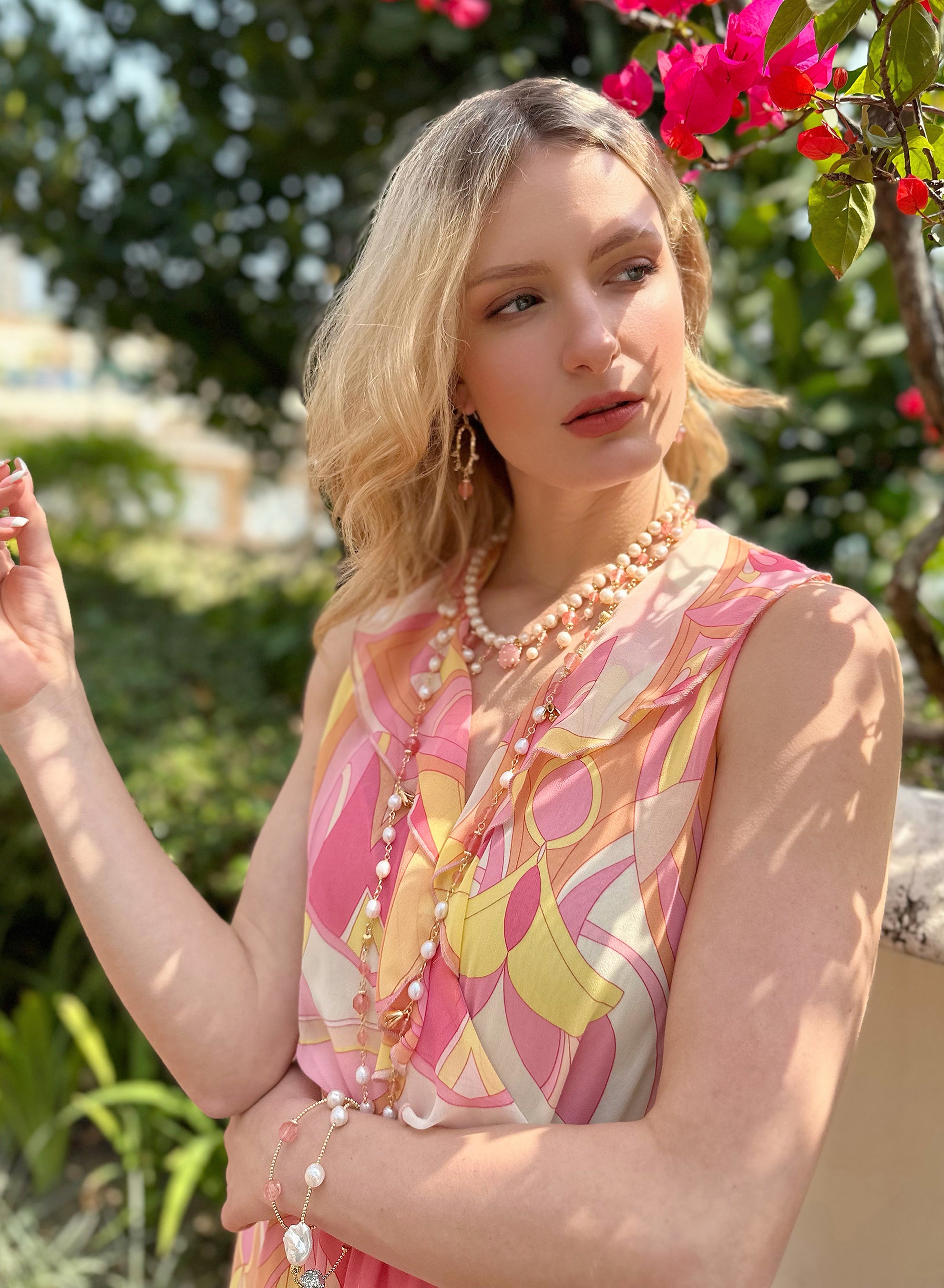 Watermelon Quartz & Freshwater Pearls Multi-Way Adjustable Necklace JN013 - Perfect for Weddings, Parties & Everyday Elegance