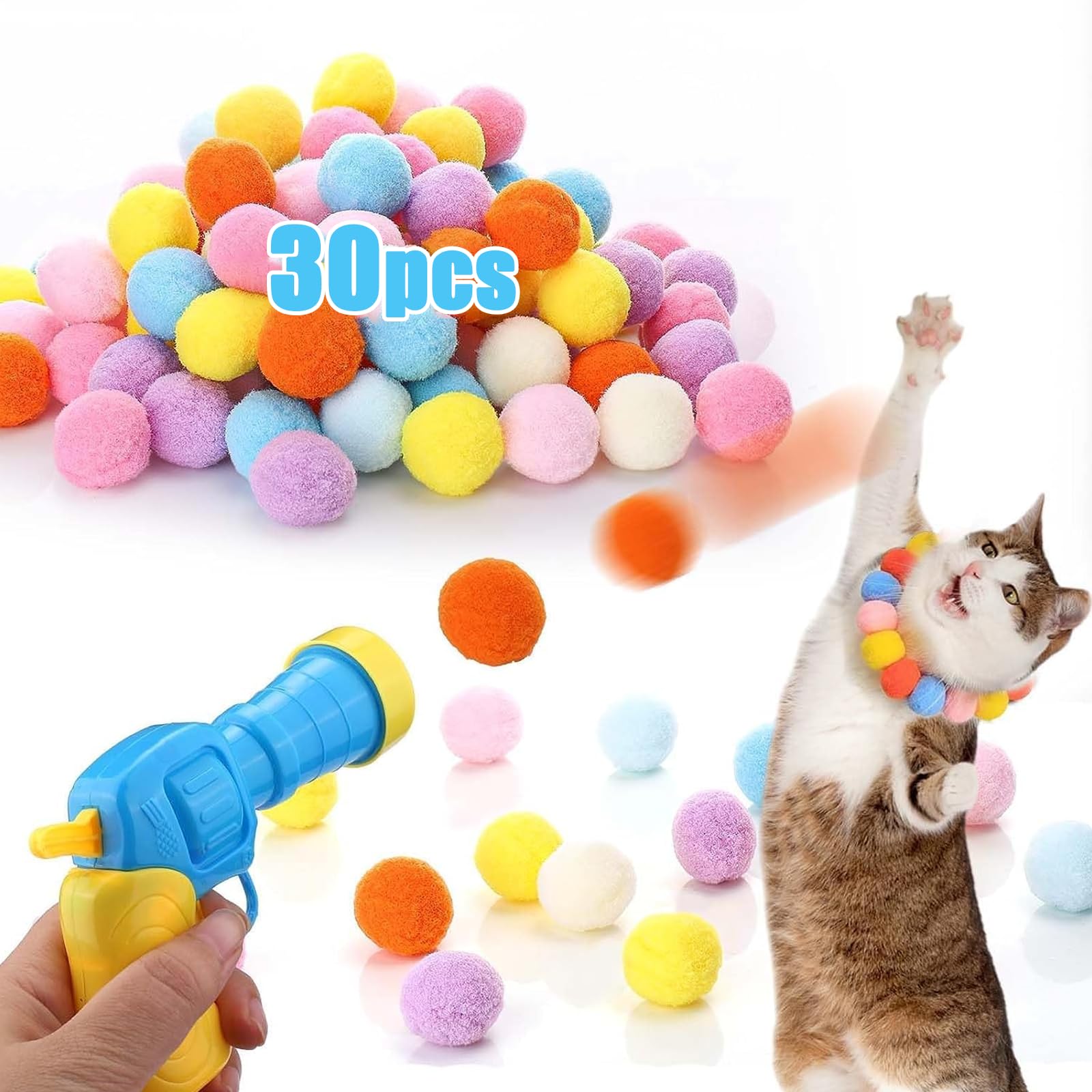 Interactive Cat Toy Ball with Launcher & 30 Plush Balls - Fun Silent Elastic Cat Toys for Indoor Play - Engaging Interactive Cat Toys for Kittens & Adult Cats - Perfect for Solo Play, Bonding Time & Exercise