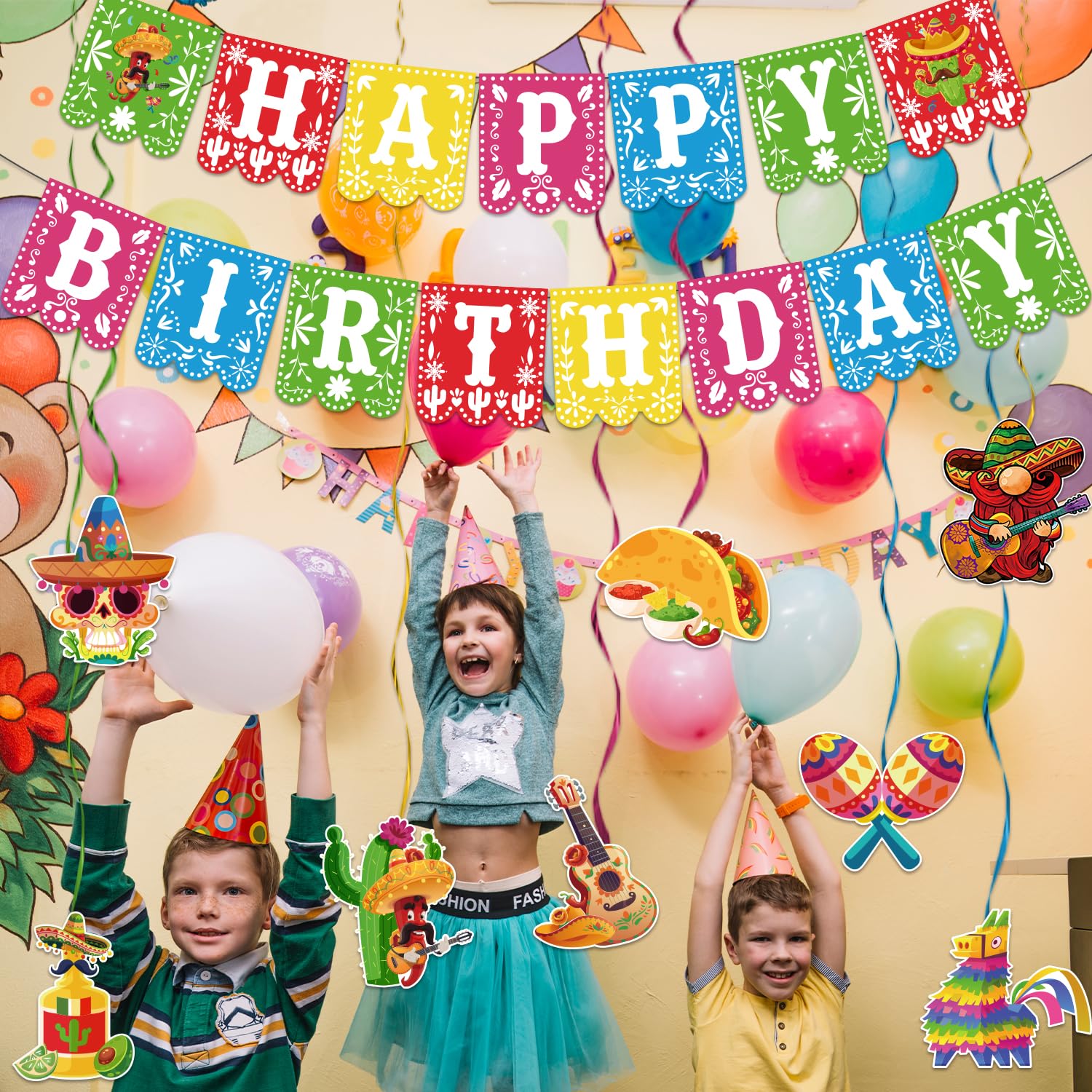 Pre-Strung Taco Birthday Party Decorations Kit - Includes 1 Fiesta Happy Birthday Banner & 8 Cinco De Mayo Hanging Swirls - Mexican Themed Party Supplies for Fiesta, Taco Tuesday & Birthday Celebrations