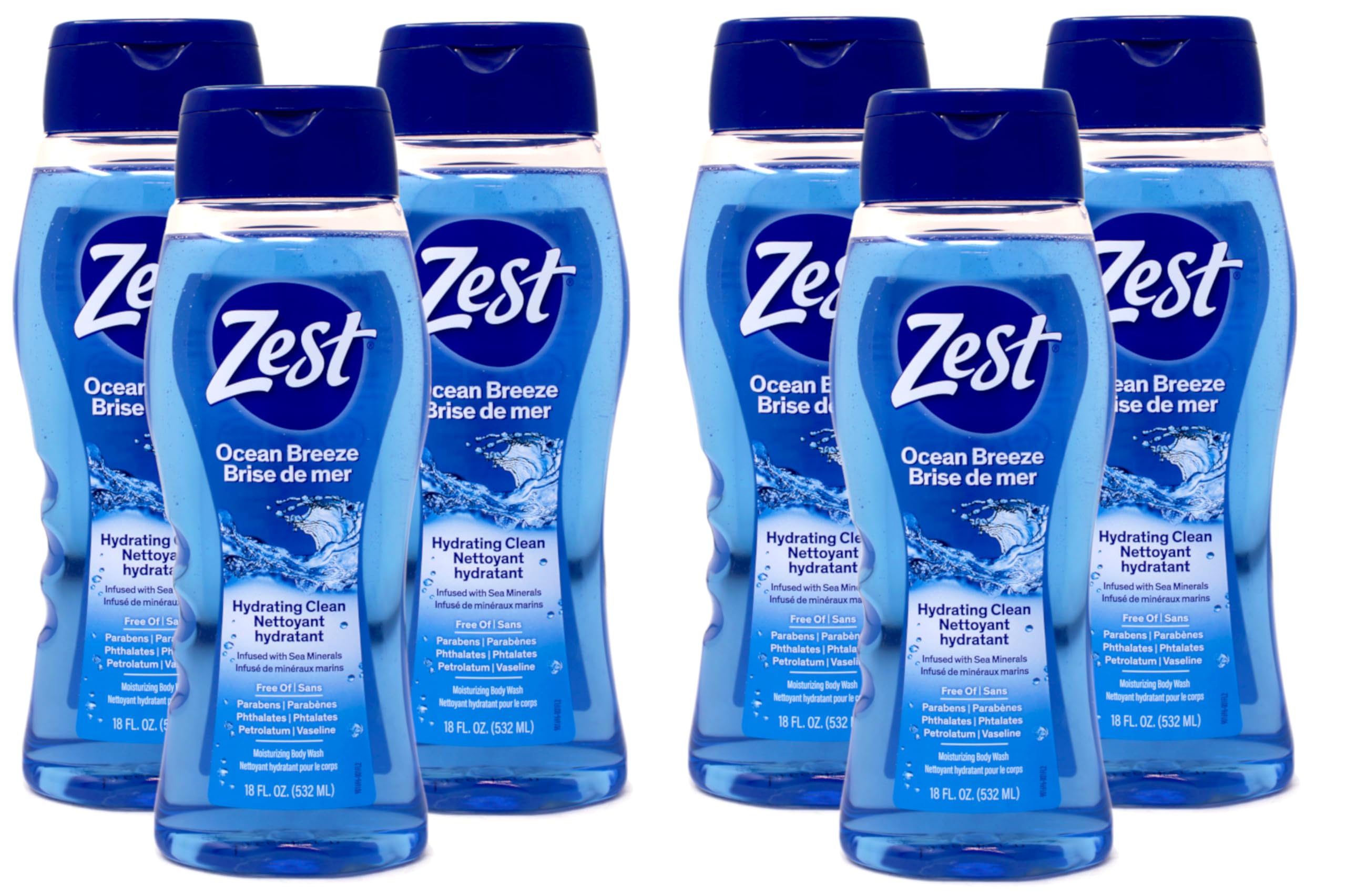 Zest Ocean Breeze Body Wash with Sea Minerals - Deep Cleansing & Moisturizing Shower Gel for Soft Smooth Skin - Refreshing Citrus Scent - 18 Fl Oz (Pack of 6) - Perfect for Daily Shower, Spa Day & Gym Bag Essential