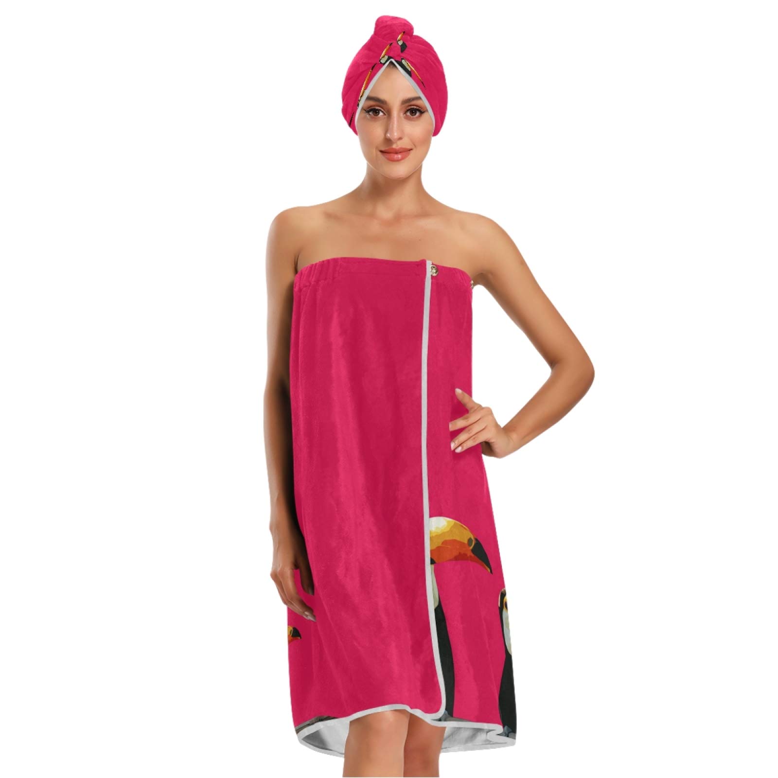 Toucan Bird Print Bath Towel Wrap with Dry Hair Shower Cap - Adjustable Closure Quick-Drying Robe for Spa, Beach & Shower | Soft & Absorbent for Women & Men, Perfect for Poolside, Vacation & Home Relaxation