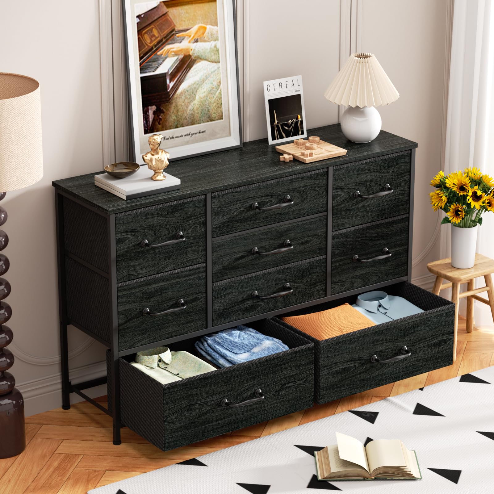 Furnulem 55'' Wide Dresser with 9 Large Drawers - Solid Wood TV Stand Entertainment Center with Sturdy Metal Frame, Black Oak Finish - Perfect for Bedroom Storage, Dorm Room Organization, Closet Space & Entryway Furniture - Ideal for TV Placement, Clothing Storage & Home Decor