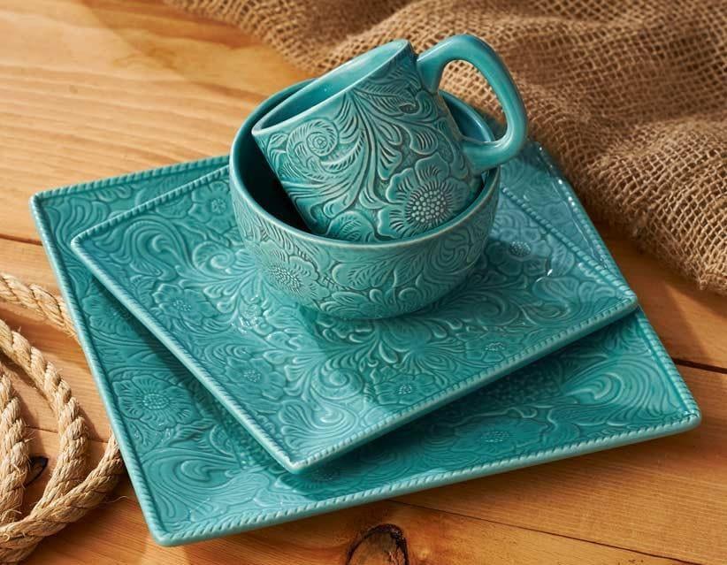 Turquoise Embossed Ceramic Dinnerware Set - 16-Piece Elegant Tableware for Formal Dining & Special Occasions | Perfect for Weddings, Dinner Parties & Home Decor