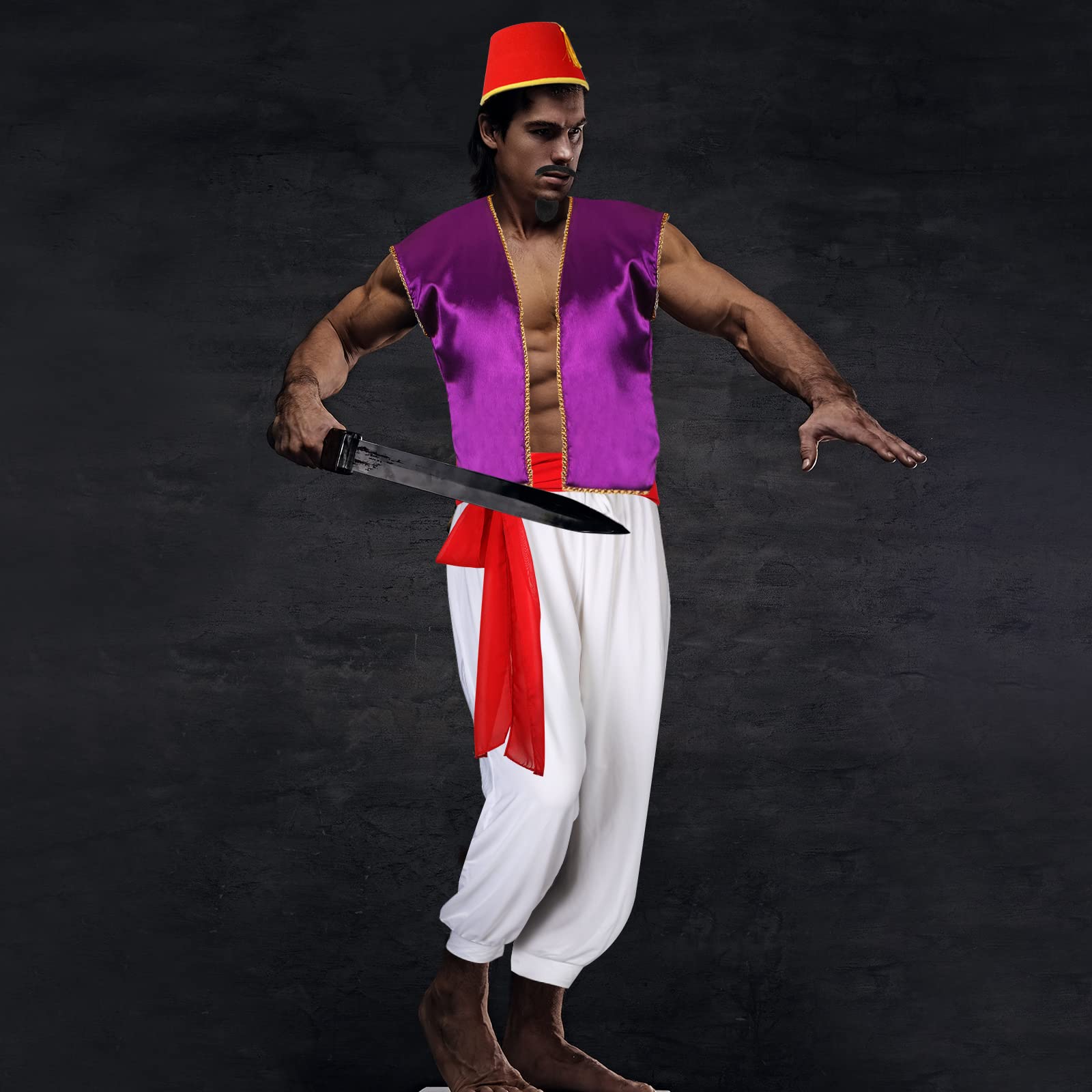 Zhanmai Arabian Prince Costume Set for Men - Purple Vest, Harem Pants, Red Fez Hat & Sash - Perfect for Cosplay, Halloween, and Theme Parties