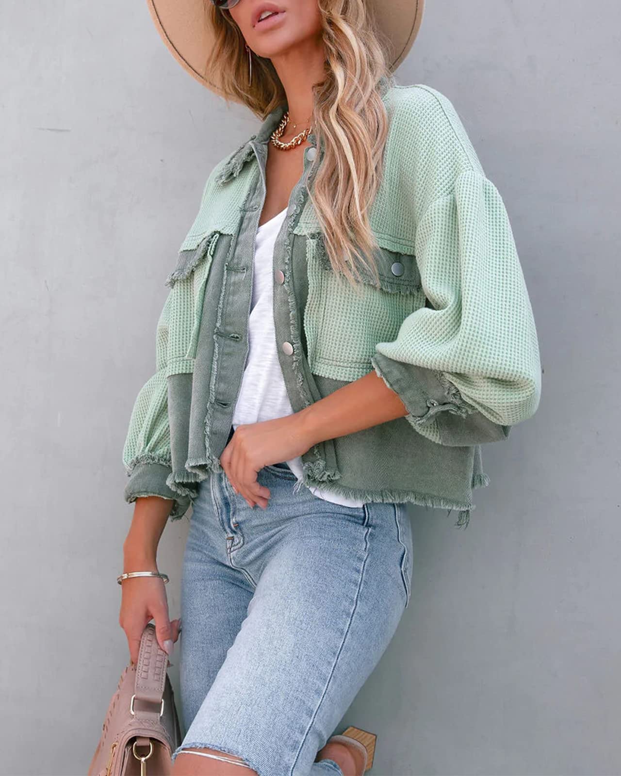 Women's Cropped Waffle Knit Shacket with Denim Stitching - Button Down Long Sleeve Loose Jacket Top for Casual Outings and Layering in Fall/Winter