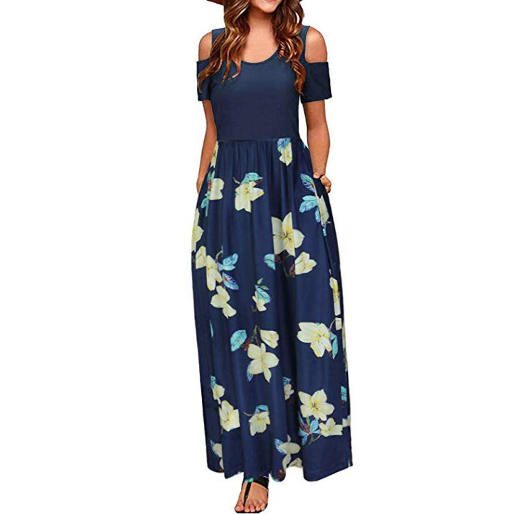 Plus Size Maxi Dresses for Women - Floral Print Cold Shoulder Summer Dress with Pockets | Elegant Casual Long Dress for Beach, Vacation & Special Occasions