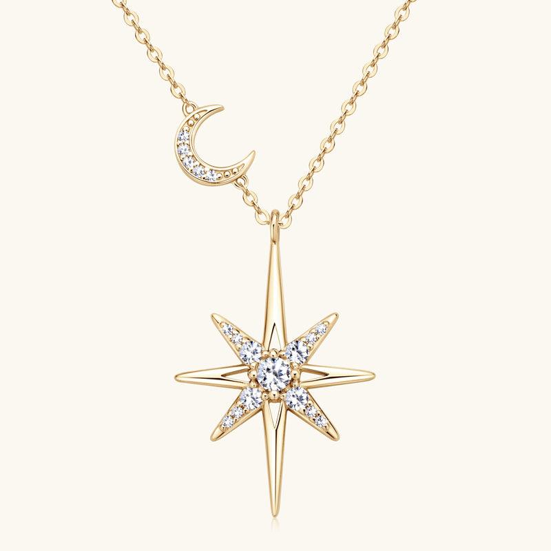 Star & Moon Premium Moissanite Pendant Necklace for Women - 925 Sterling Silver Jewelry Gift for Birthday, Anniversary & Valentine's Day - Elegant Everyday & Special Occasion Necklace