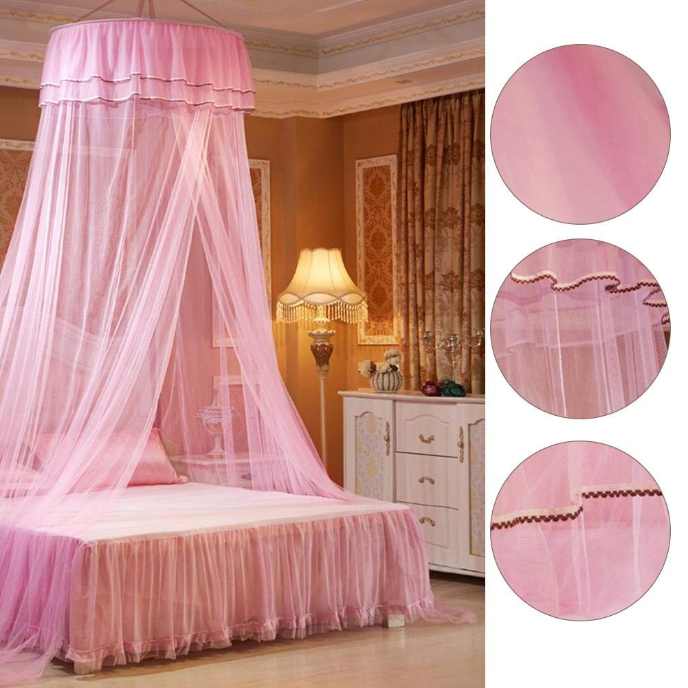 Taidda Princess Bed Canopy Net - 2.1 x 3.8 x 6.09 Ft Breathable Round Lace Bed Curtain in White & Pink | Perfect for Girls' Bedroom Decor, Fairy Tale Theme Parties & Nursery Room Design
