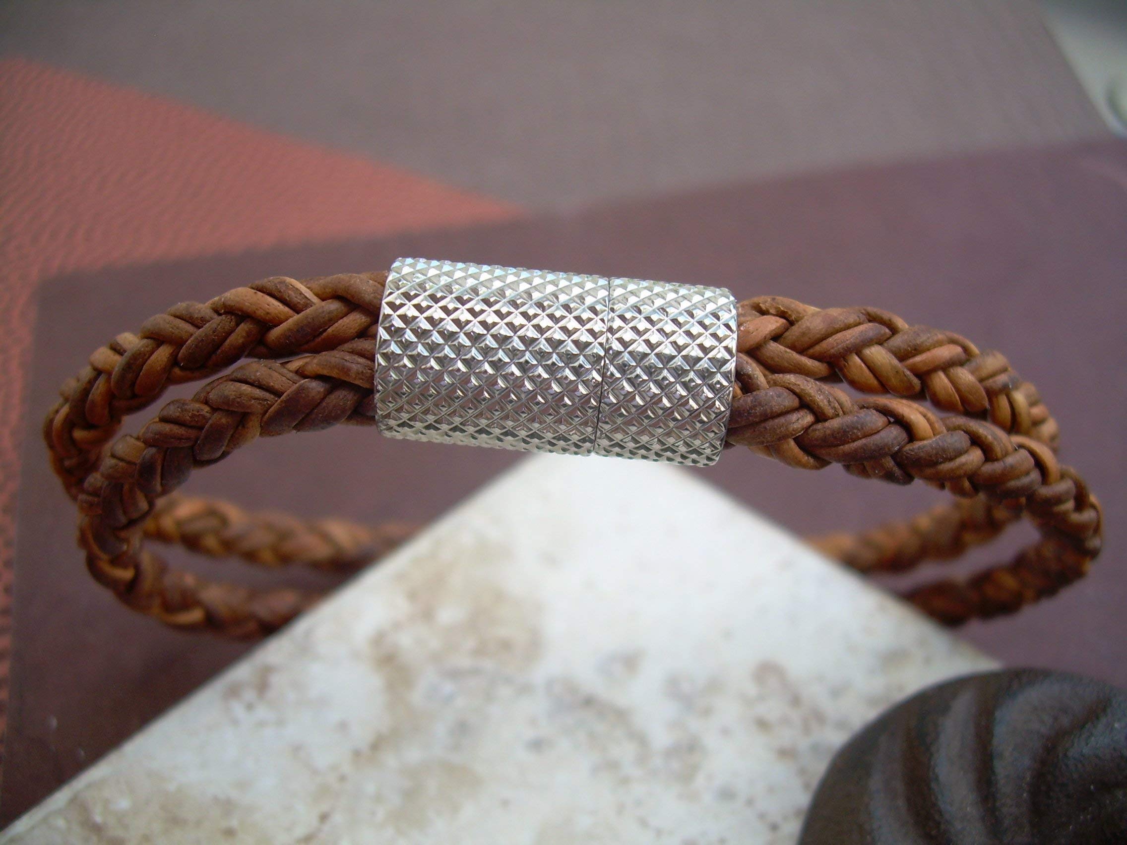 Men's Braided Leather Cuff Bracelet - Double Strand Natural Light Brown with Stainless Steel Magnetic Clasp - Stylish Men's Jewelry Gift for Casual & Formal Occasions