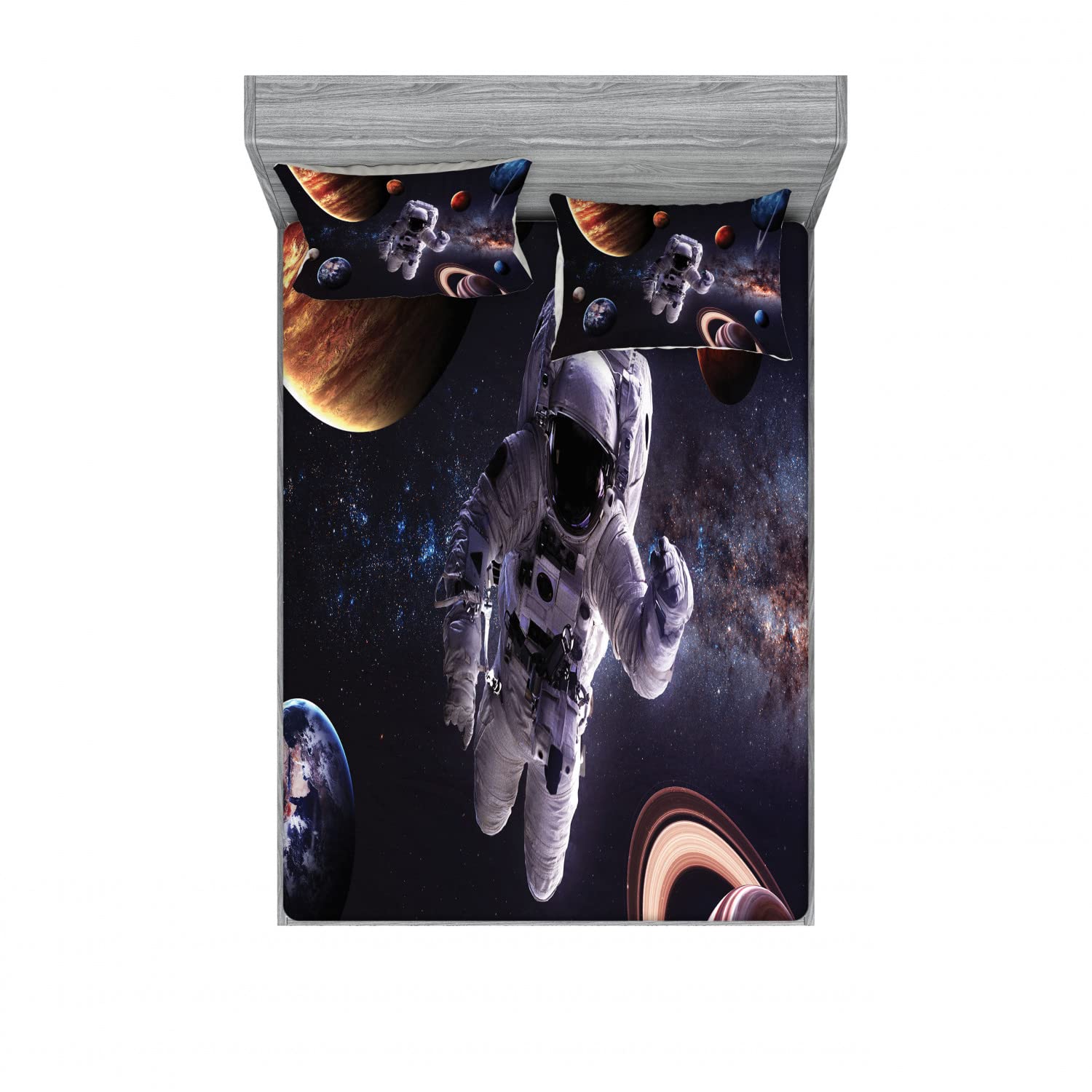 Ambesonne Galaxy Print 2-Pack Queen Size Fitted Sheet Set with 4 Pillow Shams - Space Themed Bedding Decor for Adults & Teens - Perfect for Astronomy Lovers' Bedroom, Dorm Room or Gift Idea