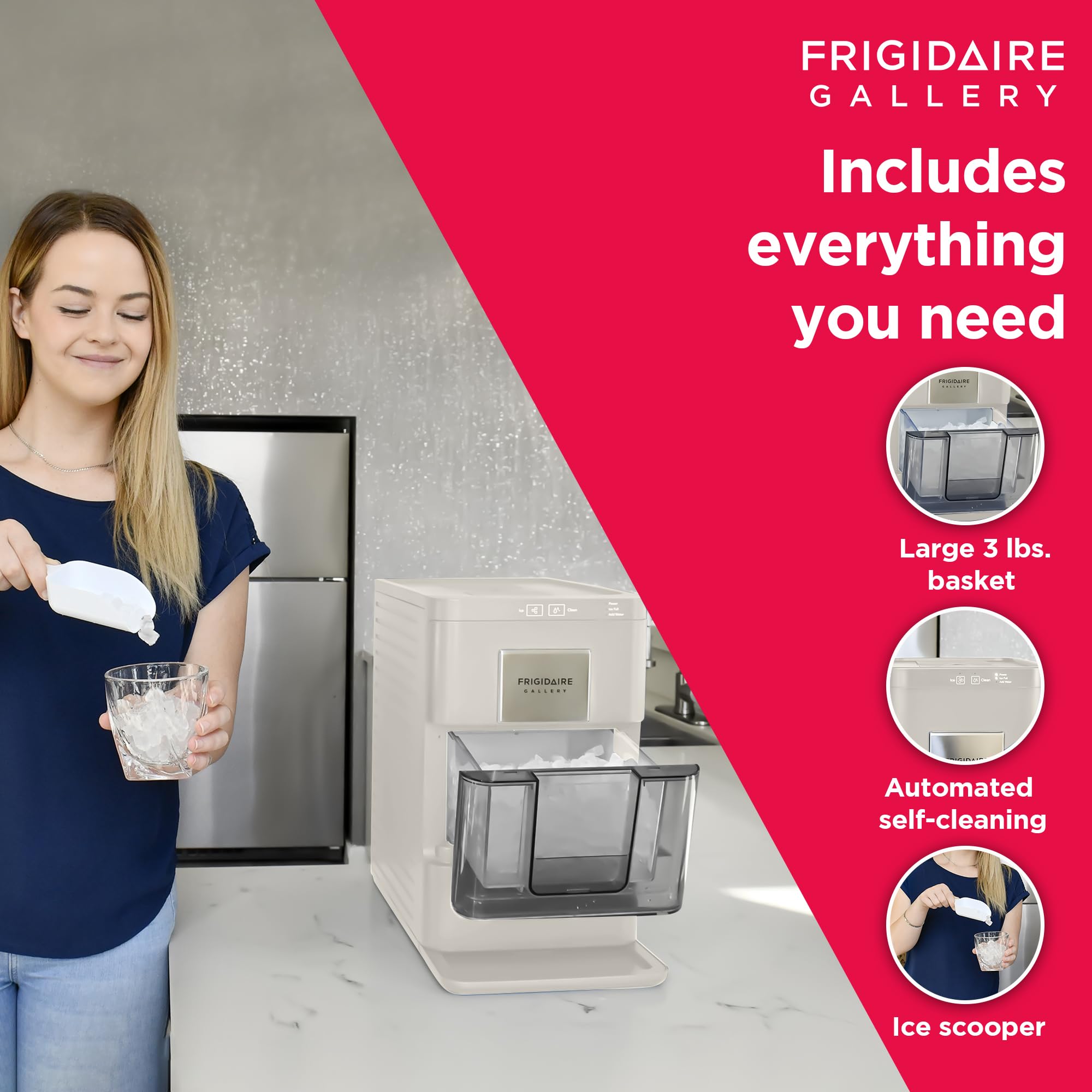 Frigidaire 2.0 Gen Countertop Nugget Ice Maker Machine with Transparent Window - 44 lbs. Sonic Ice Capacity, Auto Self-Cleaning - Cream (16.75