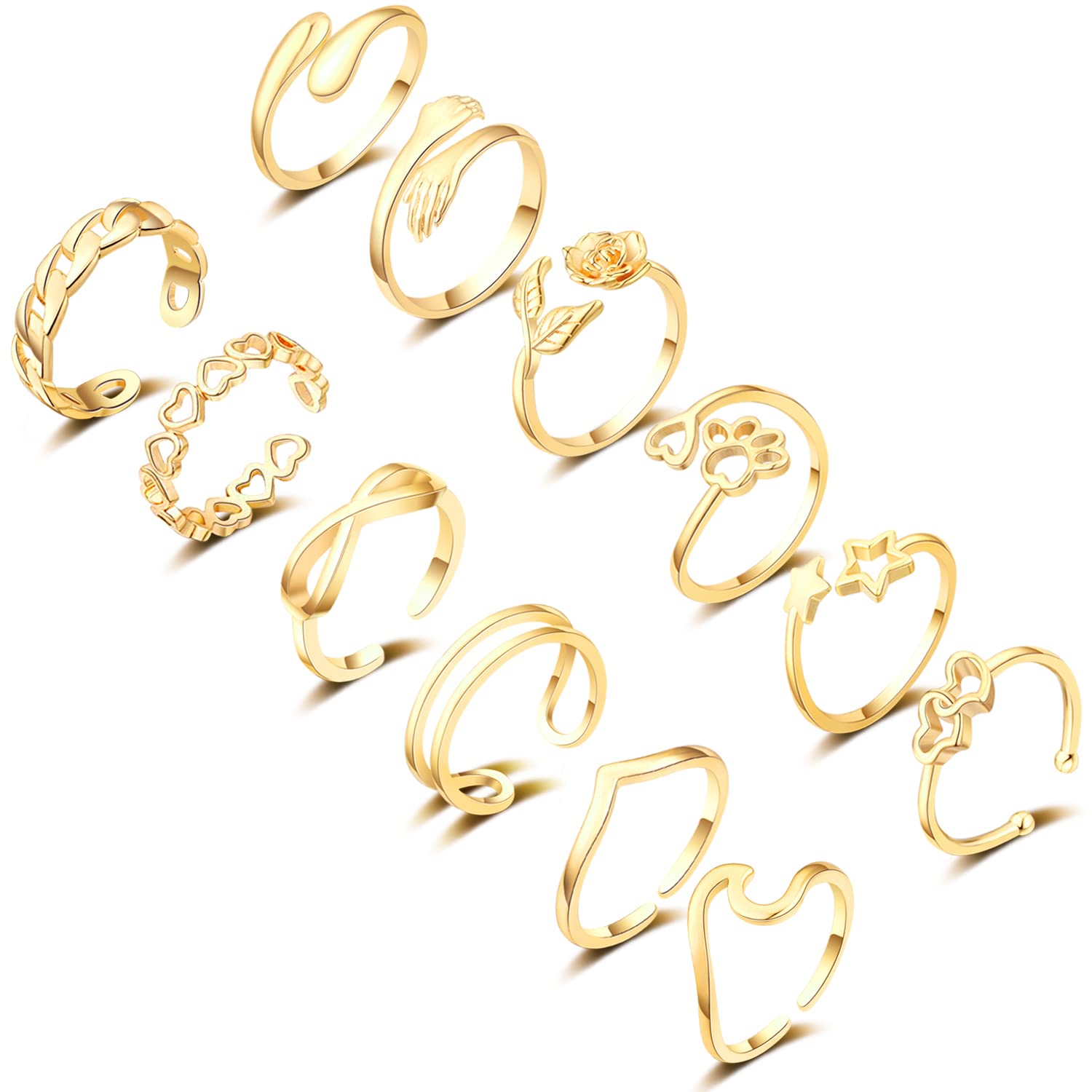 12PCS Adjustable Stackable Rings Set for Women - Silver Wave Heart Star Hug Link Open Knuckle Thumb Rings for Teen Girls | Perfect for Layering, Gifting & Everyday Fashion Accessories