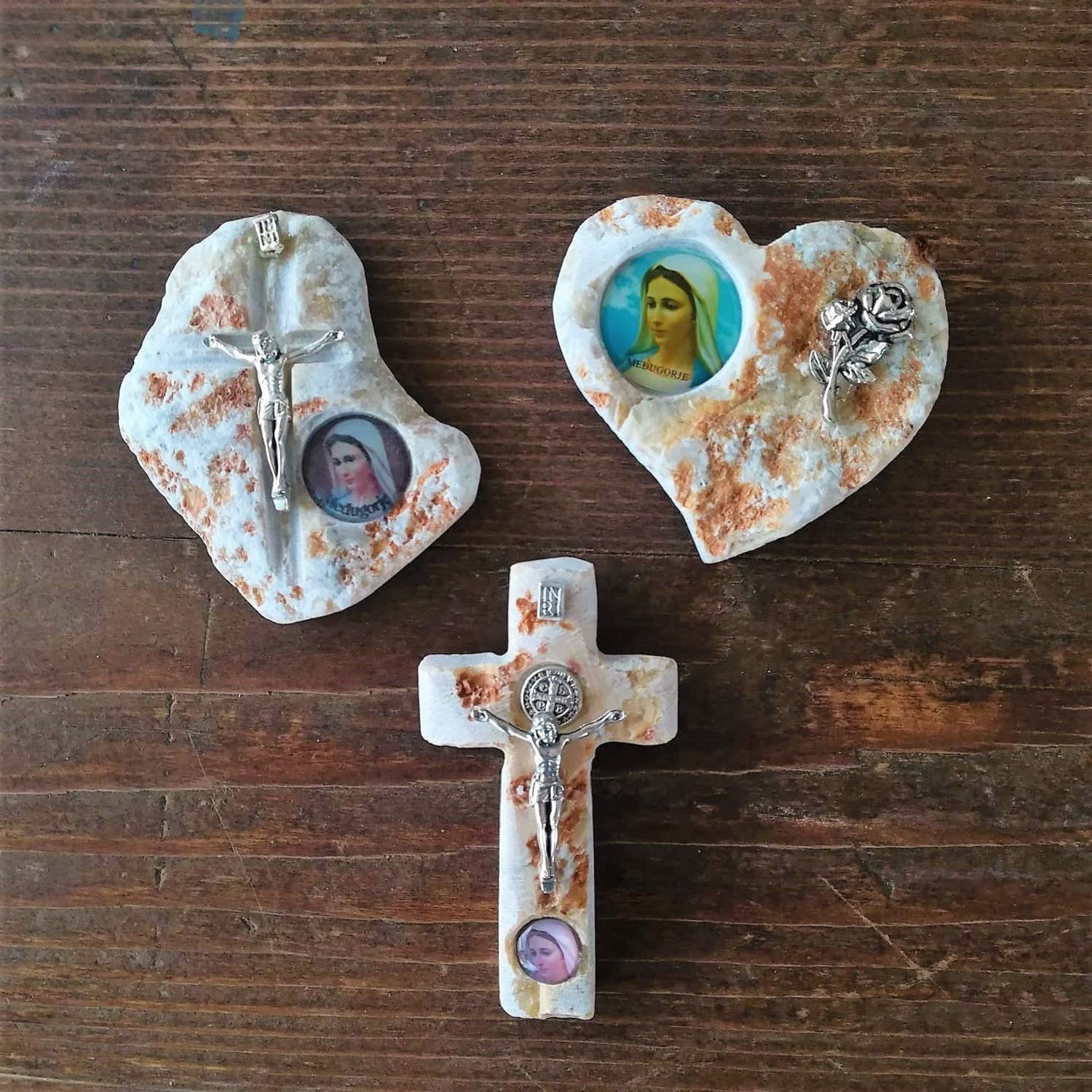 Medjugorje Stone Heart Fridge Magnet Set - St Benedict & Virgin Mary Religious Gifts for Catholic Baptism, Wedding Favors, Housewarming - Perfect for Home Decor, Kitchen, Office & Spiritual Spaces