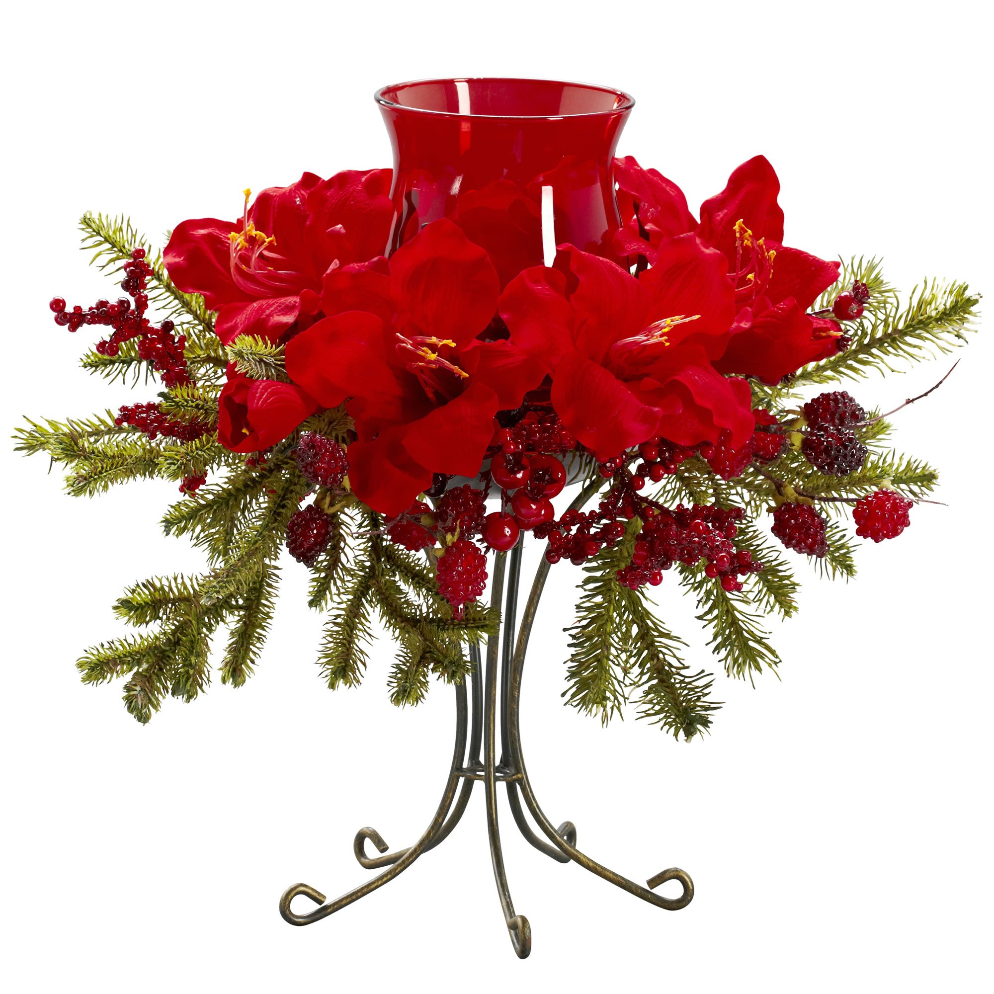 Nearly Natural 4927 Red Amaryllis Candelabrum Silk Flower Arrangement - Perfect for Home Decor, Wedding Centerpieces & Holiday Table Settings
