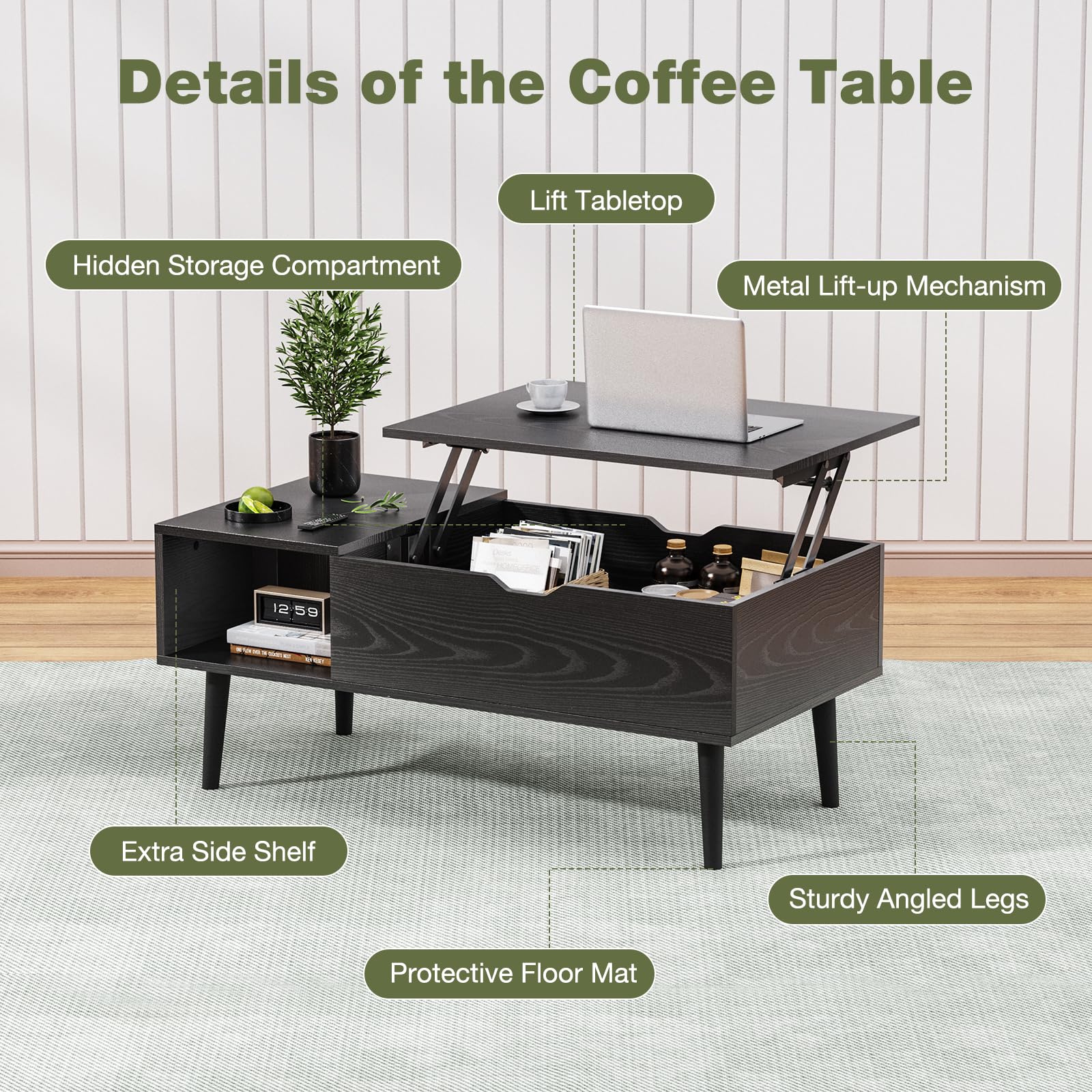 Wood Lift Top Coffee Table, Hidden Compartment and Large Storage Shelf, Versatile for Living Room, Home Office, and Dining, Black Finish