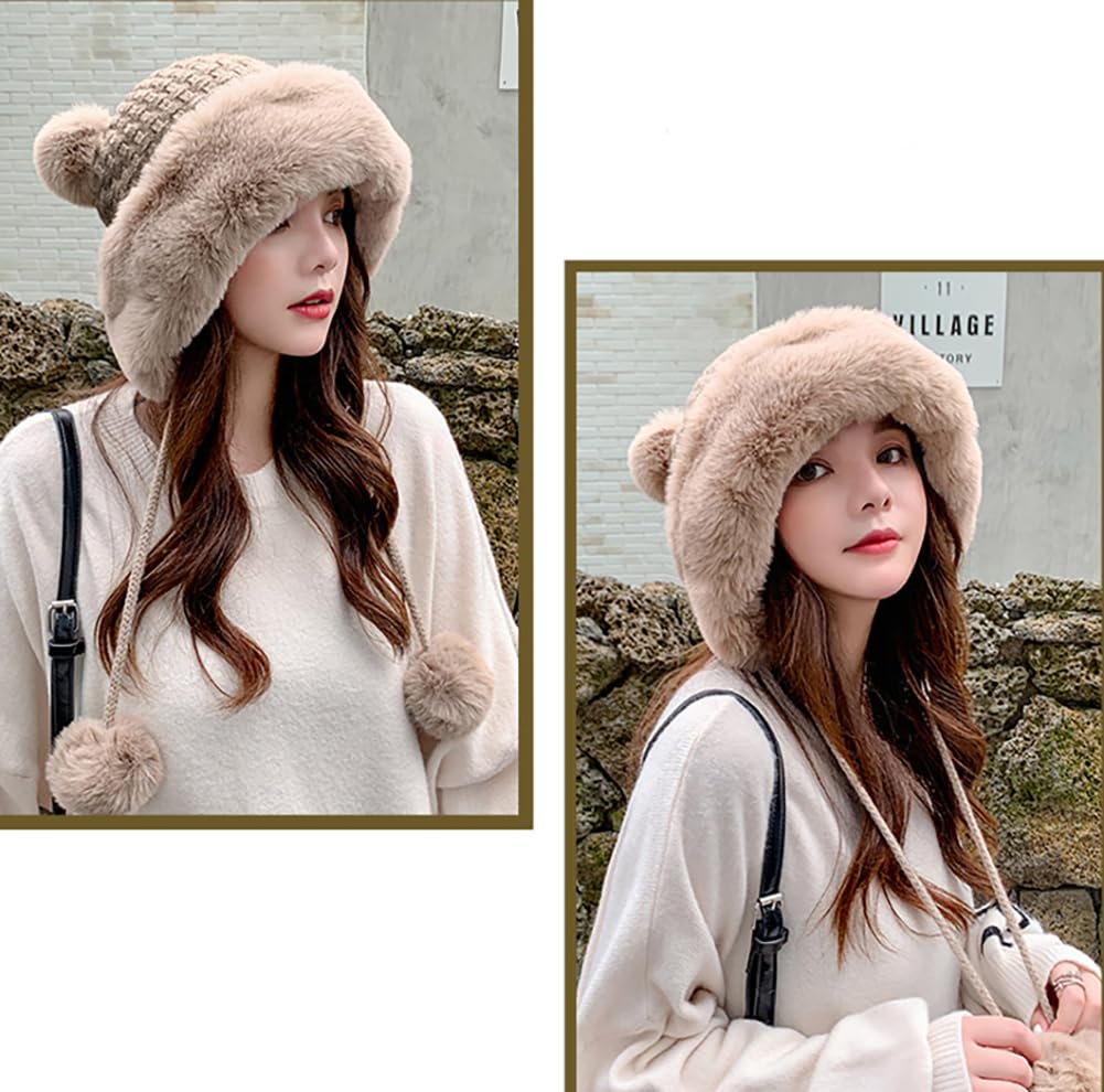 Women's Winter Pompom Beanie - Soft Fluffy Knit Faux Fur Crochet Skull Cap with Ear Warmers for Cold Weather | Cozy Outdoor Winter Hat for Skiing, Snowboarding & Casual Wear