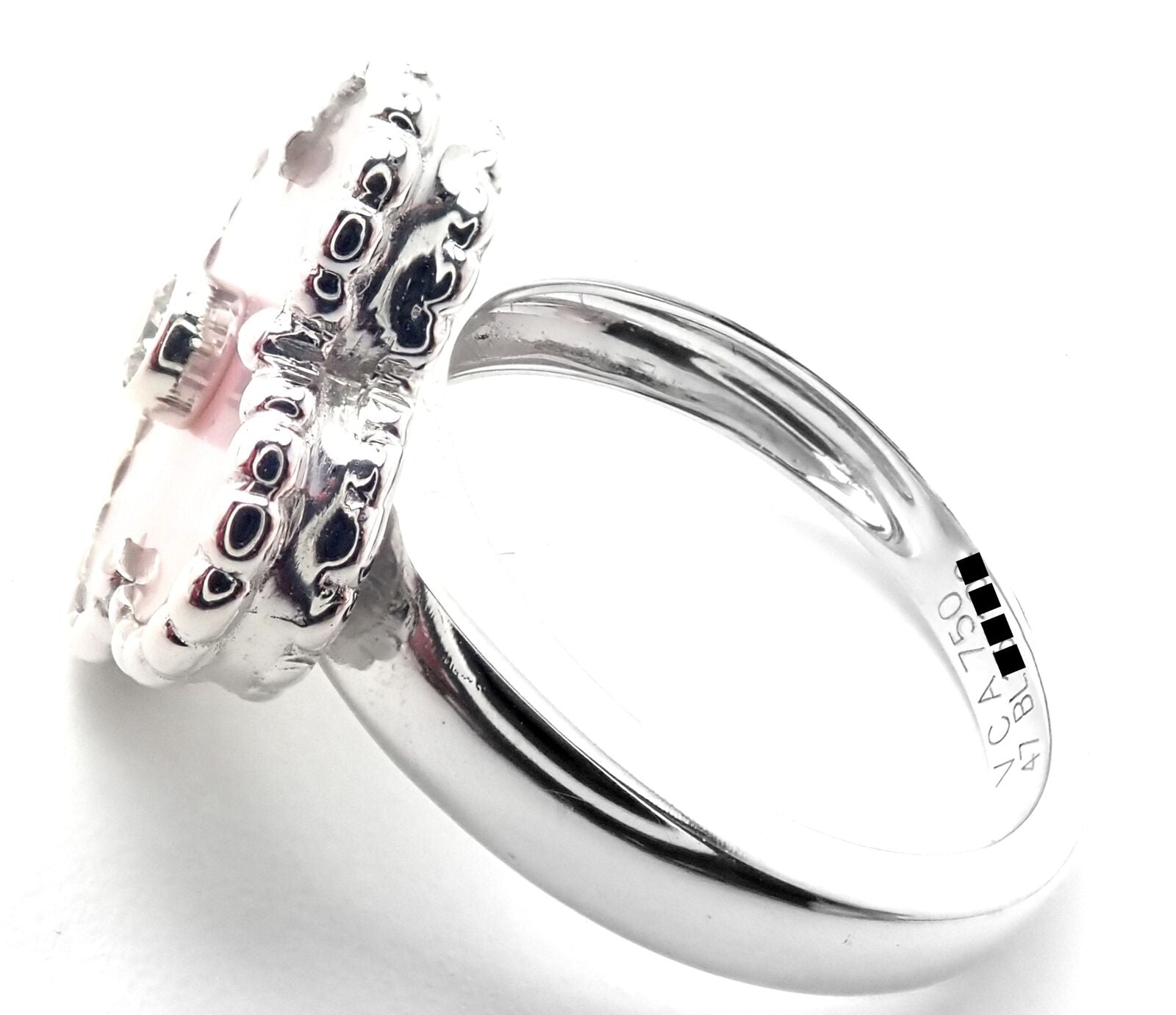 Authentic Van Cleef & Arpels Alhambra 18k White Gold Pink Opal Diamond Ring with Certificate - Luxury Jewelry for Weddings, Anniversaries & Special Occasions