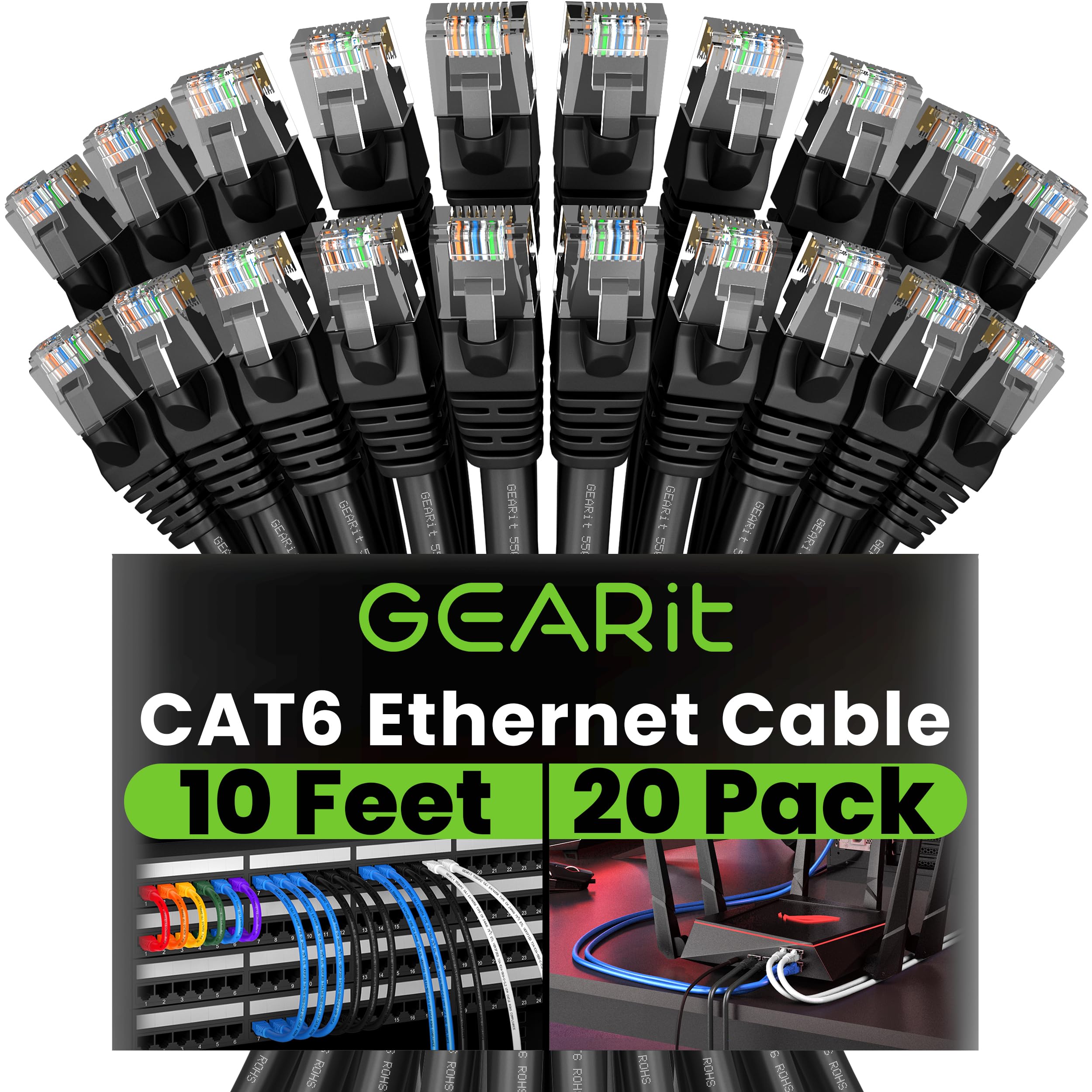GearIT 20 Pack Cat6 Ethernet Cable 10ft - Snagless Patch LAN Network Cord for Computer, Gaming, Office & Home Internet - High-Speed Cat 6 Cable (Black)