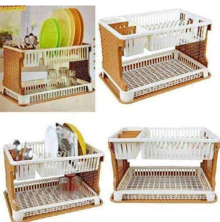 2-Tier Multifunctional Kitchen Organizer - Dish Drying Rack, Fruit & Vegetable Storage Stand with Drainage Tray - Space Saving Countertop Organizer for Small Kitchens (Golden Wood Finish) - Perfect for Drying Dishes, Storing Produce, and Organizing Countertops