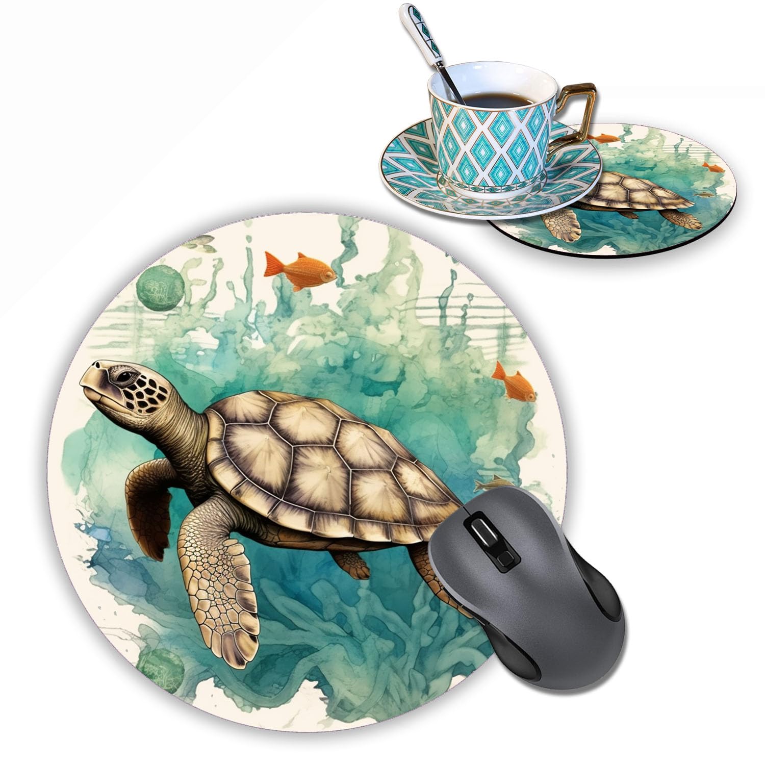 Turtle World Map Design Non-Slip Round Mouse Pad with Coasters Set - Office & Gaming Desk Accessories for Computer, Laptop, Home & Workstation Decor