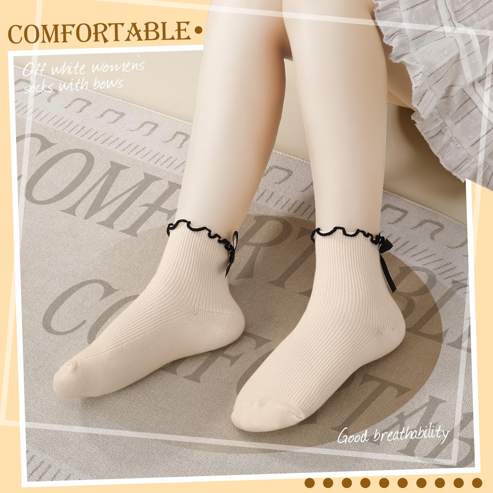 6 Pairs Women's Bow Socks - Cute Ruffle Crew Socks in Black & White - Soft Breathable Cotton Ankle Socks for Casual Wear, Daily Outfits, and Gift Giving