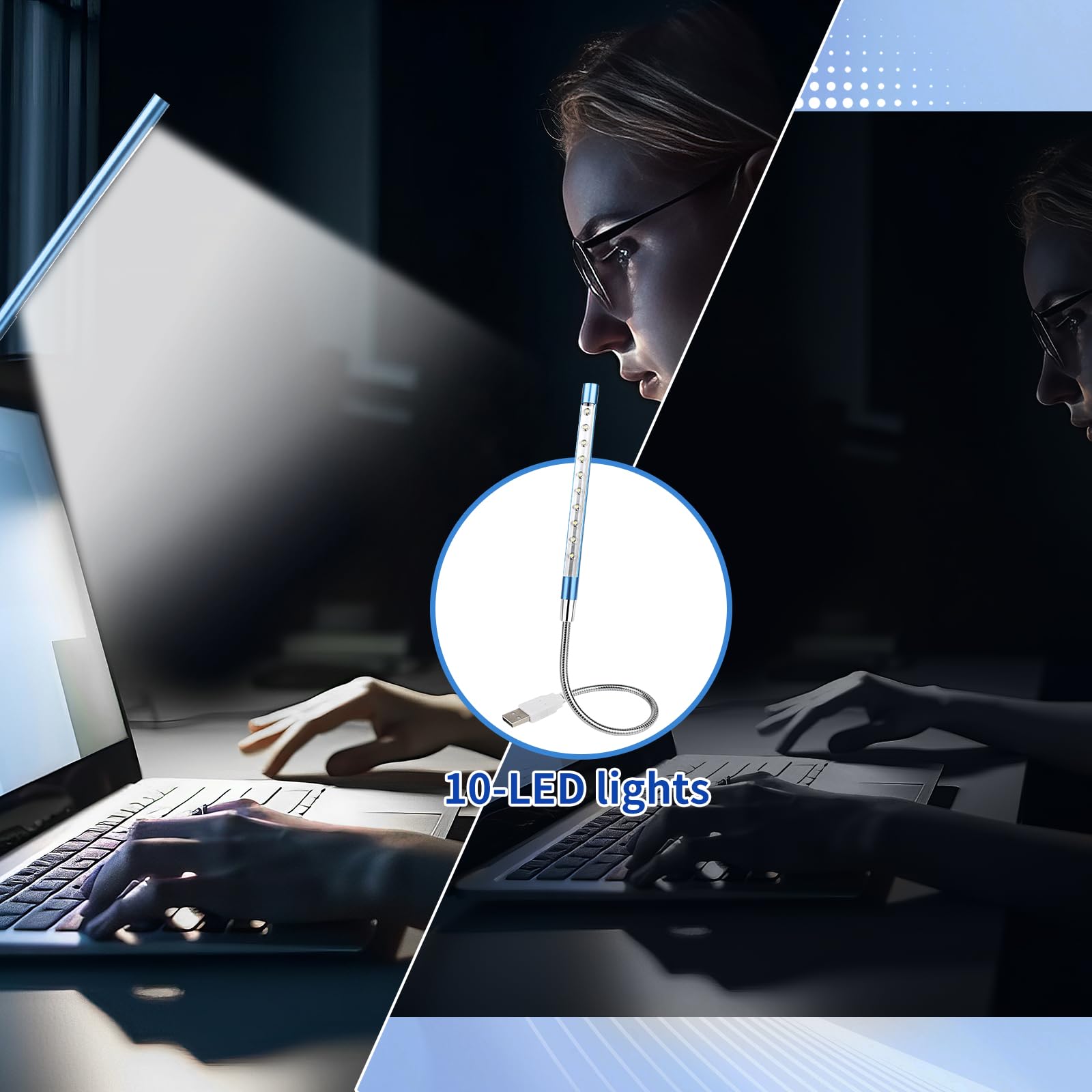 Portable USB LED Keyboard Light with 10 Lamp Beads, Flexible Gooseneck Design for Laptop, Reading, and Nighttime Typing, Blue (No Touch Switch, 1 Pcs) - Ideal for Home Office, Study, and Gaming