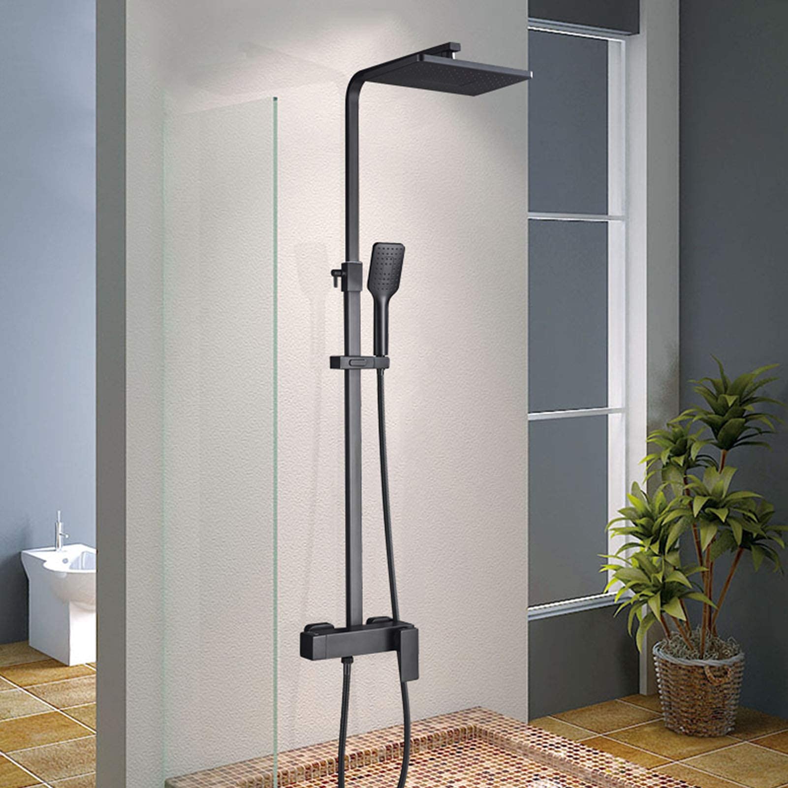 Premium Matte Black Rain Shower System - Exposed Rainfall Shower Faucet Set with Adjustable Slide Bar & 3-Function Mixer Taps for Modern Bathroom Upgrade | Perfect for Spa-Like Experience in Master Bath or Guest Bathroom