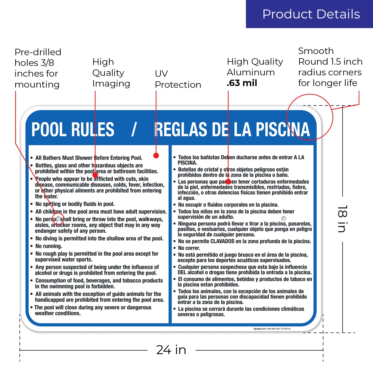 Bilingual Pool Rules Sign - English & Spanish, 18x24 Inches, Rust-Free .063 Aluminum, Fade-Resistant, Easy Mounting for Indoor & Outdoor Use - Made in USA | Perfect for Community Pools, Water Parks & Backyard Swimming Areas