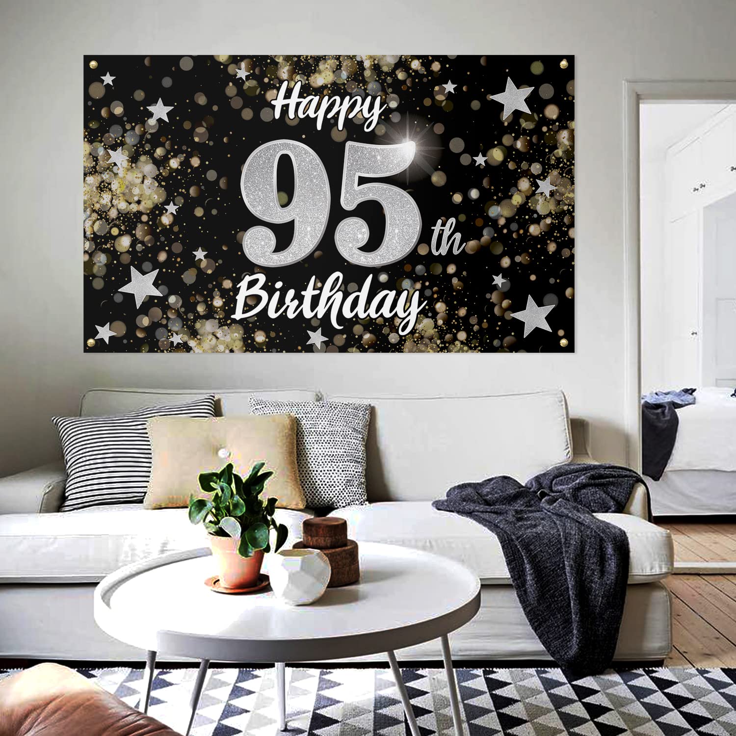 95th Birthday Decorations - Black & Silver Dream Star Large Backdrop Banner for 95 Years Old Celebration | Perfect for Milestone Birthday Parties, Anniversaries & Special Events