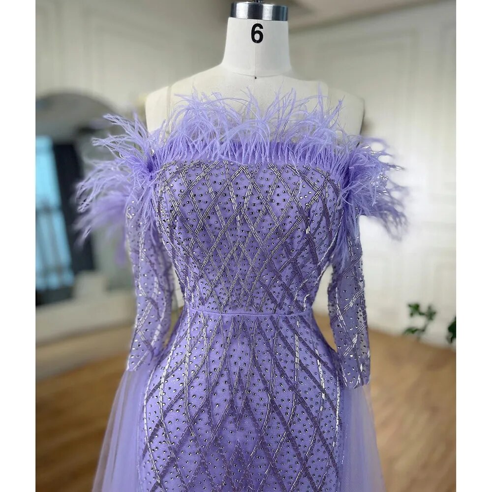 Elegant Turquoise Beaded Mermaid Evening Gown for Women - Dubai Serene Hill Feather Design 2025 Wedding Party Dress LA72169 | Perfect for Formal Events, Galas & Special Occasions