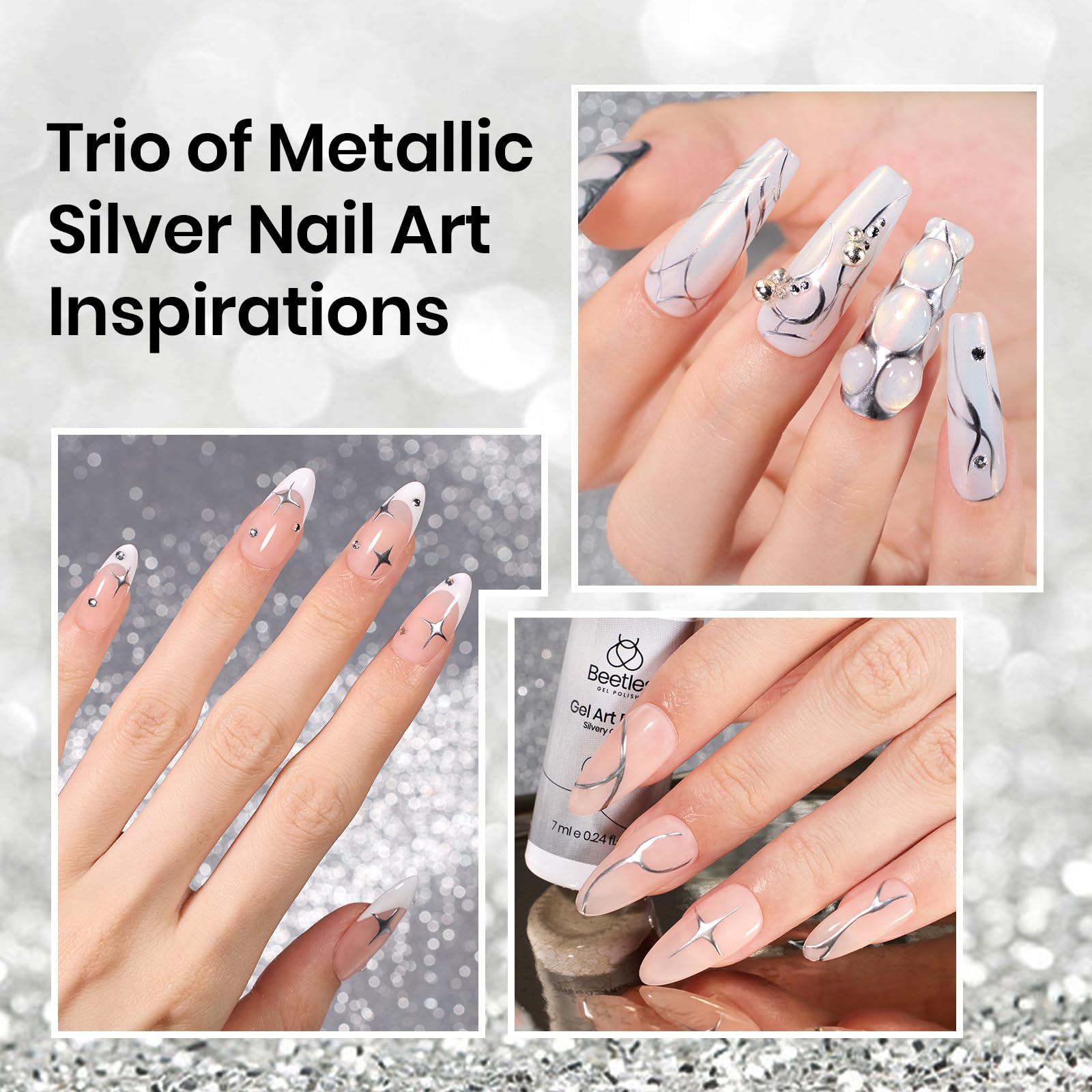 Beetles Metallic Silver Gel Nail Polish - 7ml Mirror Chrome French Tip Nail Art Liner with 3D Metal Effect | Soak Off UV/LED Lamp Gel Polish for Salon & Home Manicure | Perfect for French Tips, Swirl Lines & Chrome Nail Designs