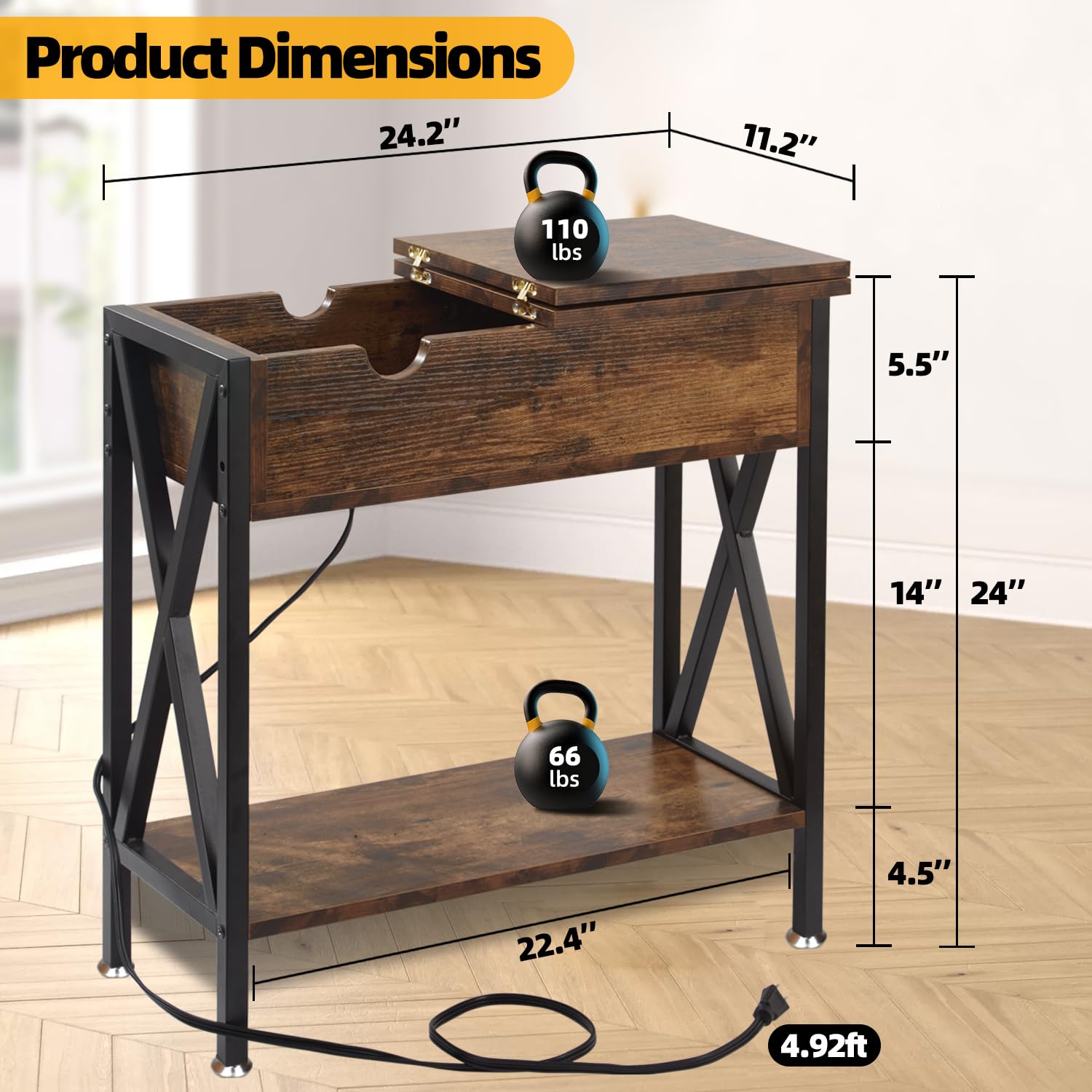 **TooCust Set of 2 Narrow End Tables with Charging Station – 11.2