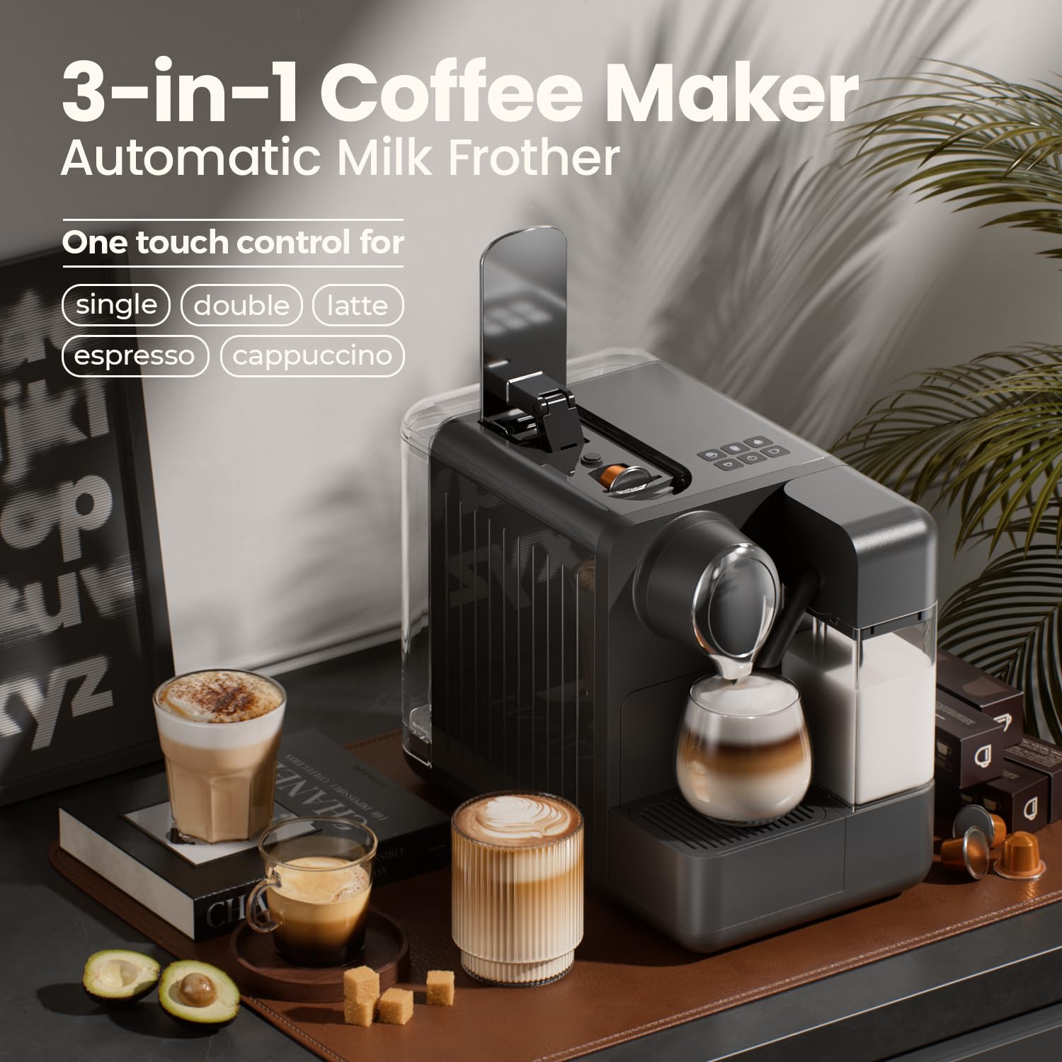 Premium Espresso Machine with Built-in Automatic Milk Frother - Single-Serve Coffee Maker Compatible with Pods & Capsules, One-Touch Latte & Cappuccino Maker, Single/Double Shot Function - Perfect for Home, Office & Coffee Shop Use