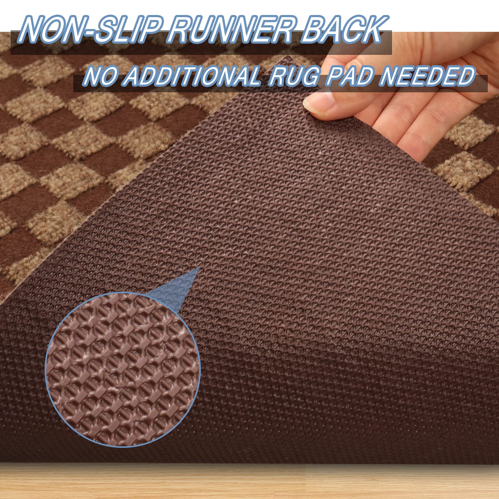 FREADEM 2' x 41' Runner Rugs - Non-Slip Indoor Outdoor Carpet for Hallway, Stairs, Entryway - Brown Checkered Design - Perfect for Home, Office, Balcony & Garage Use