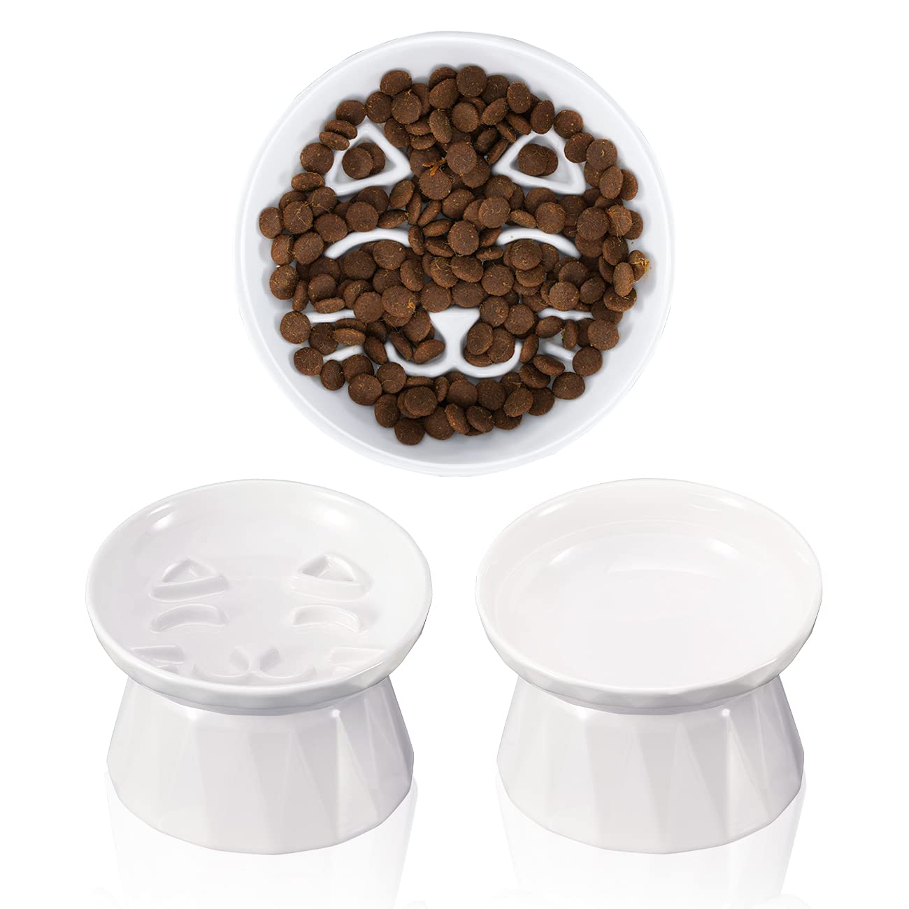 Frewinky Ceramic Slow Feeder Cat Bowls - 2-Piece Elevated Pet Food & Water Bowl Set for Cats & Small Dogs | Anti-Gulping Design for Dry/Wet Food | Perfect for Mealtime Fun & Portion Control in Homes with Multiple Pets