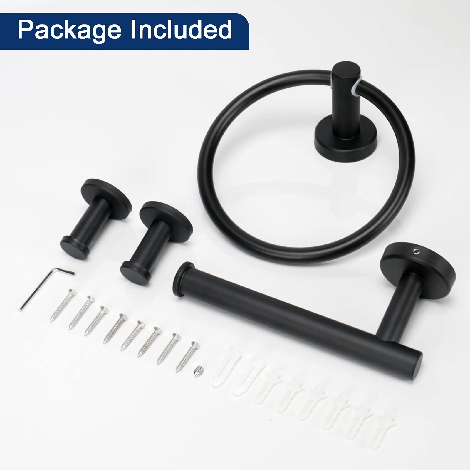 NearMoon 4-Piece Matte Black Stainless Steel Bathroom Hardware Set - Includes Towel Ring, Toilet Paper Holder & 2 Robe Hooks - Wall Mounted Bath Accessories for Modern Home Decor (Perfect for Bathroom, Powder Room & Spa Style Vanity)