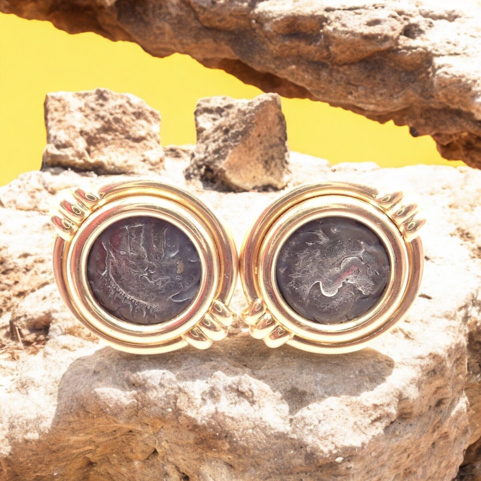Vintage Bulgari Bvlgari 18k Yellow Gold Alexander The Great Coin Moneta Earrings - Luxury Collectible Jewelry for Special Occasions & Gifts