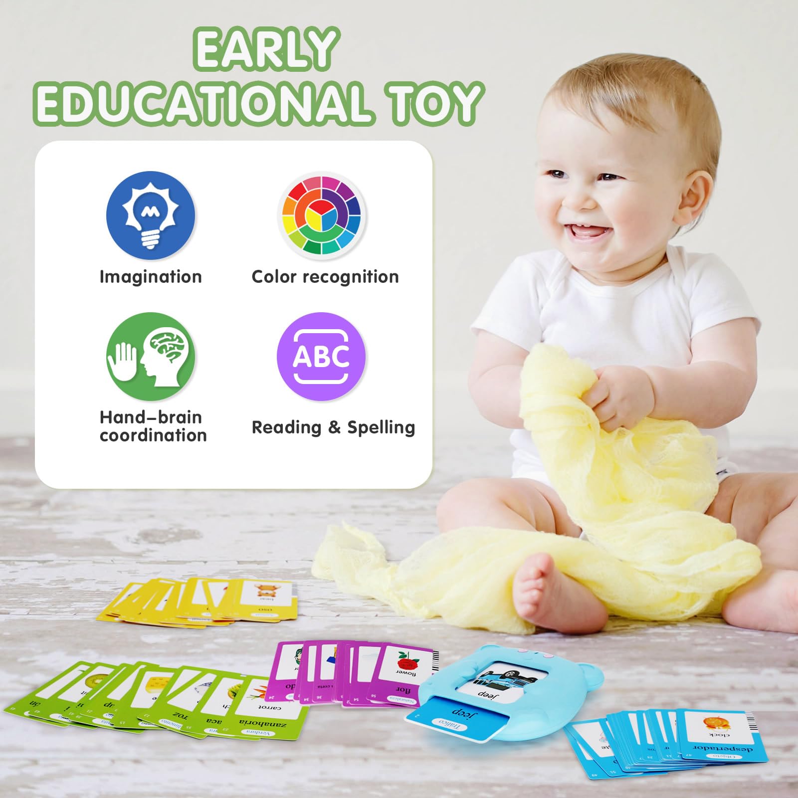 Whongkidz Spanish English Bilingual Talking Flash Cards - 112 Audible Learning Cards for Kids & Toddlers, Autism Sensory & Speech Therapy Educational Toys (Blue) - Perfect for Home, Classroom & Travel Learning Activities