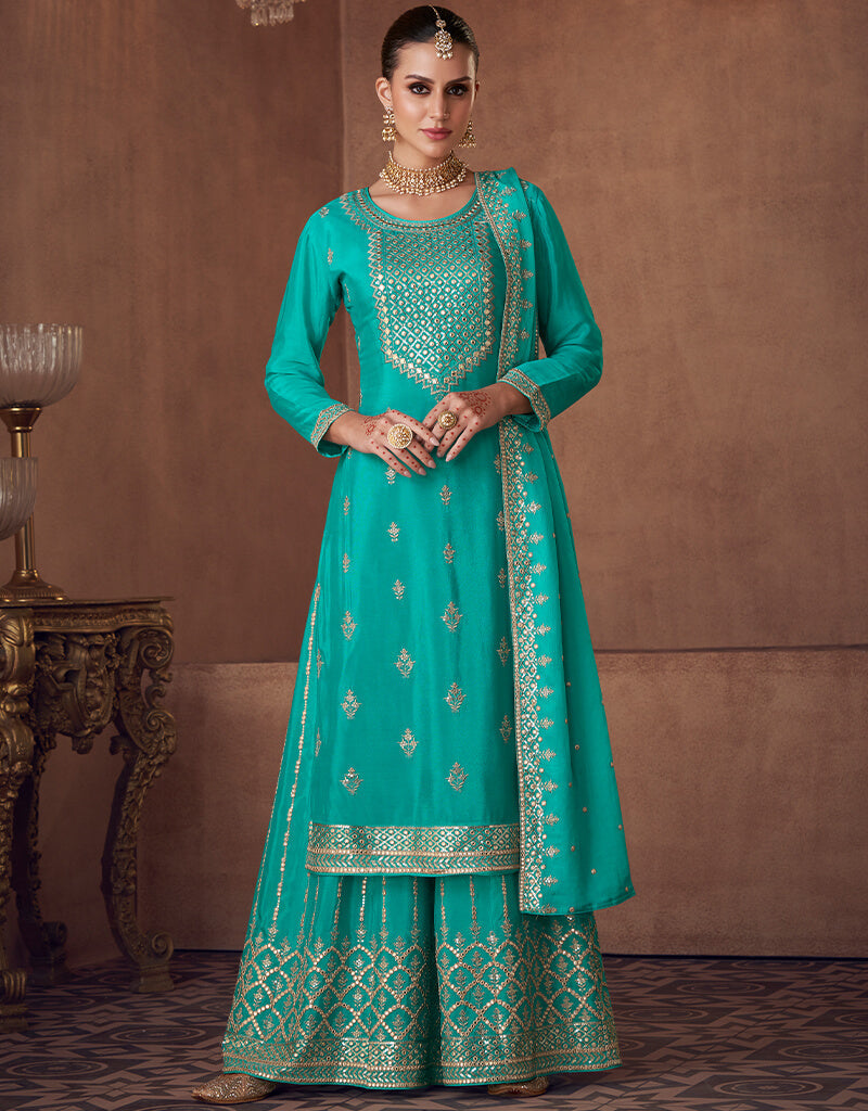 Elegant Aqua Blue Palazzo Style Salwar Suit - Designer Indian Ethnic Wear for Women | Perfect for Weddings, Festivals & Special Occasions