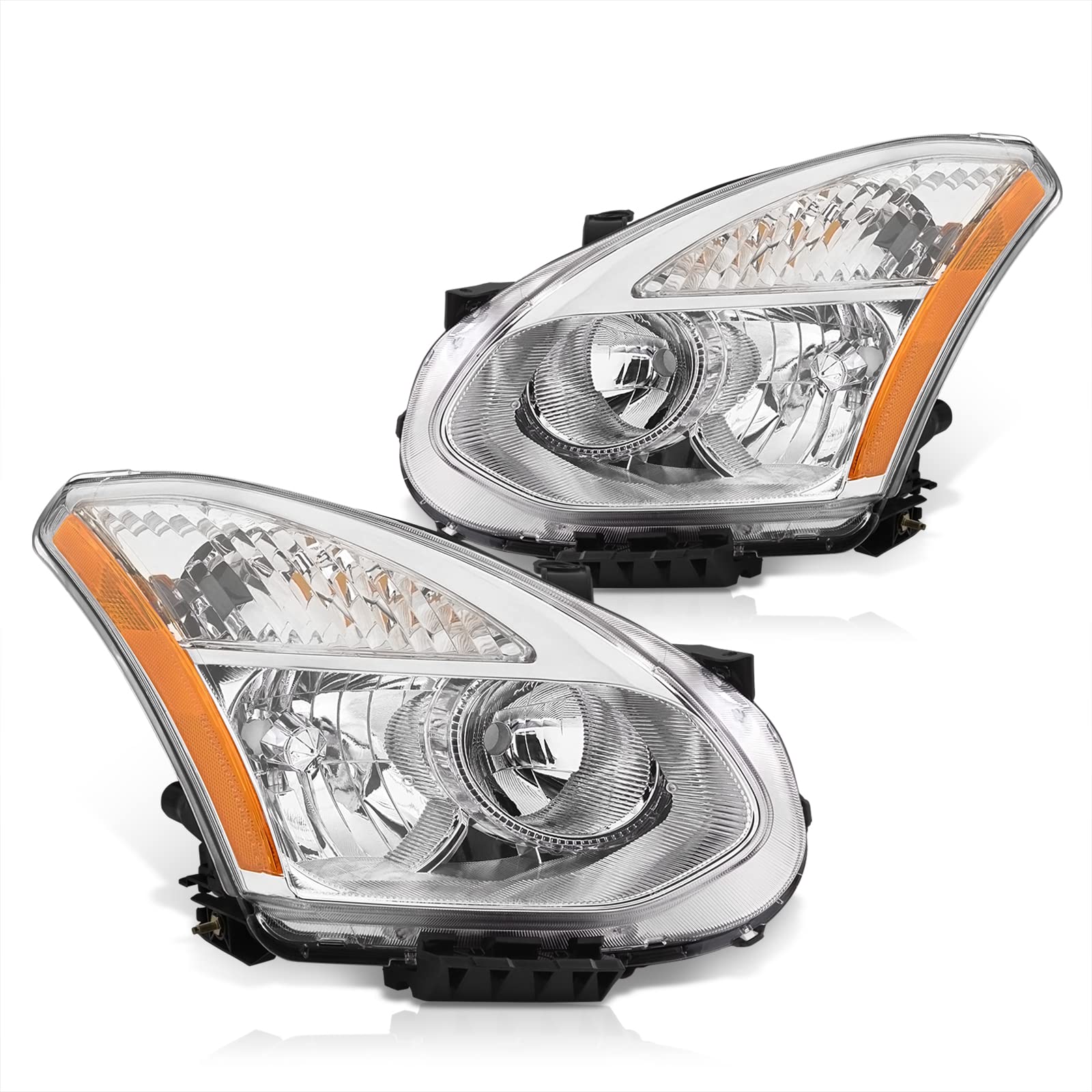 AJP Distributors Chrome Housing Clear Lens Amber Reflector Headlights & Headlamps - Compatible with Nissan Rogue 2008-2015 | Driving Lights, Bumper Lights & Signal Lamps Replacement Set for Enhanced Visibility & Safety on Night Roads