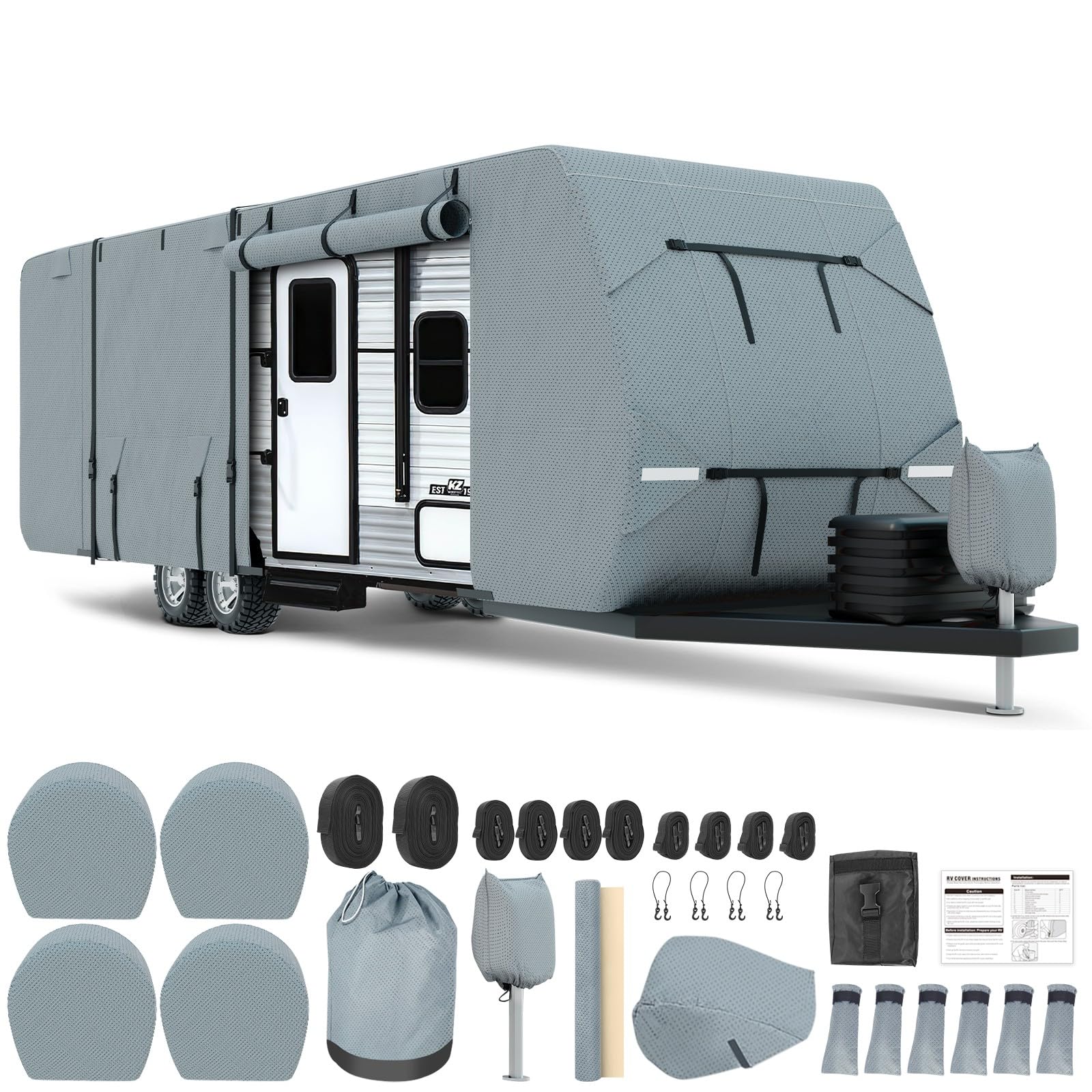 **27'-30' Heavy Duty RV Cover - 7+3 Layer Windproof, Waterproof, UV-Resistant Camper Cover for Winter Snow Protection with Repair Patches, Extra Straps & Tire Covers | Ideal for Outdoor Storage, Camping & Travel Trailers**