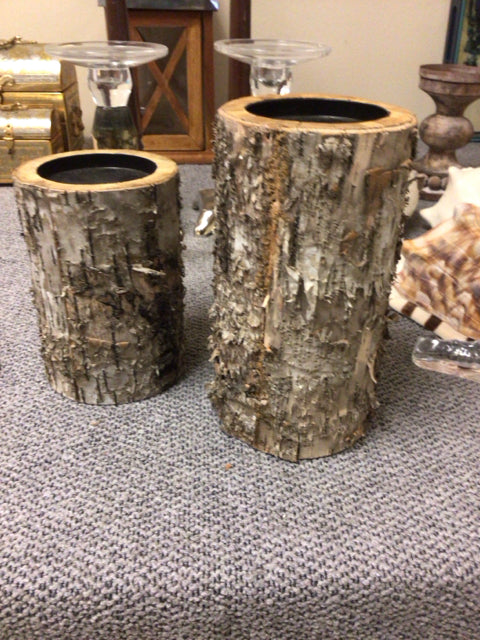 Pair of Rustic Tree Bark Style Candle Holders - Natural Wood Home Decor for Farmhouse, Wedding & Table Centerpiece