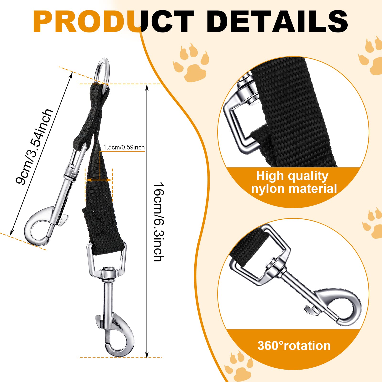 Frienda 5-Pack Braided Nylon Dog Collar Backup Clip - Double Ended Safety Connector Strap for Harness - Adjustable for Large, Medium, Small Dogs & Puppies (Black) | Perfect for Outdoor Adventures, Walks & Pet Safety