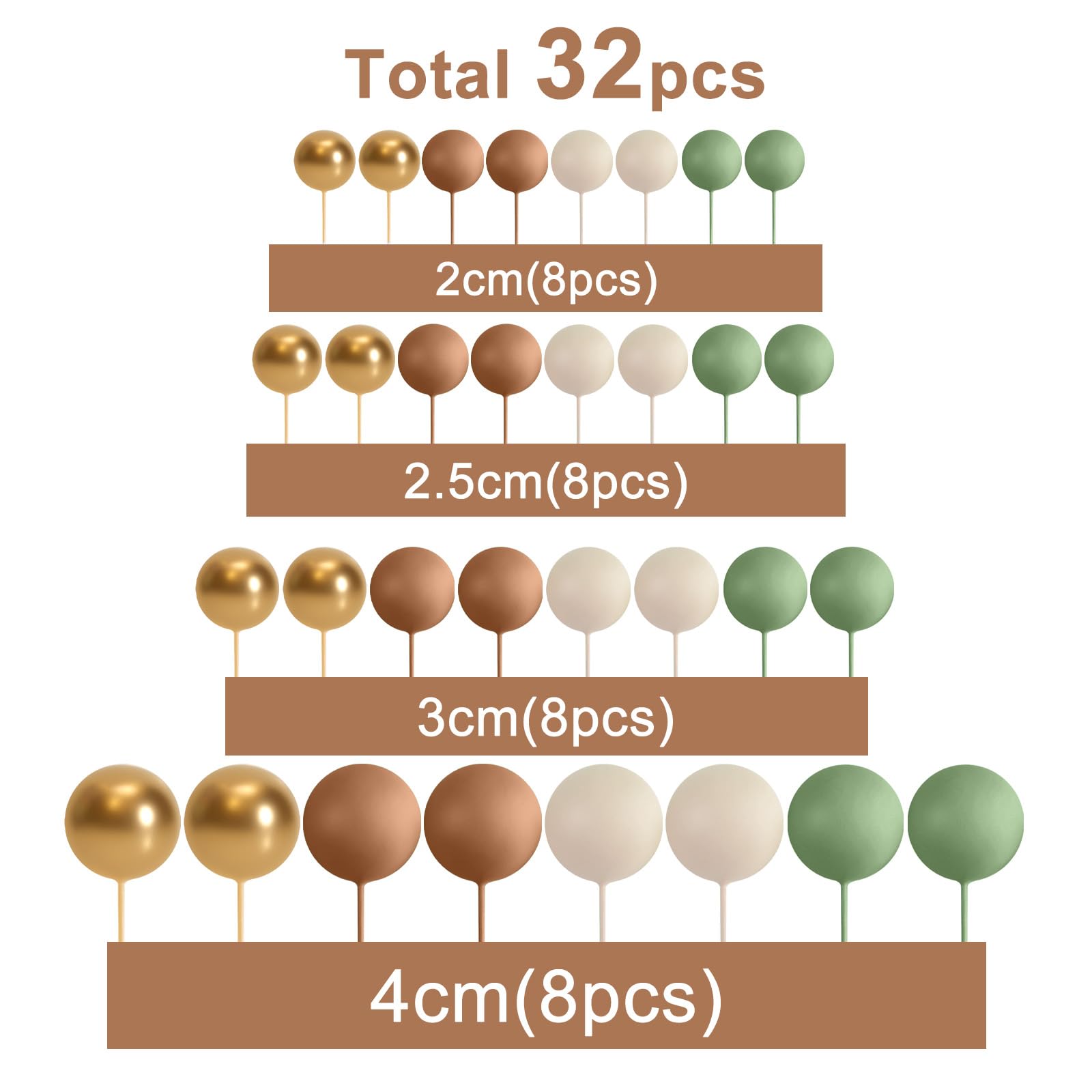 ASTARON 32 Pcs Ball Cake Topper Decorations - Mini Balloons Cake Topper Sticks, Foam Balls Cake Picks for Wedding, Birthday Party Cake Decorating (Green, Brown, Gold) - Perfect for DIY Desserts and Celebration Cakes