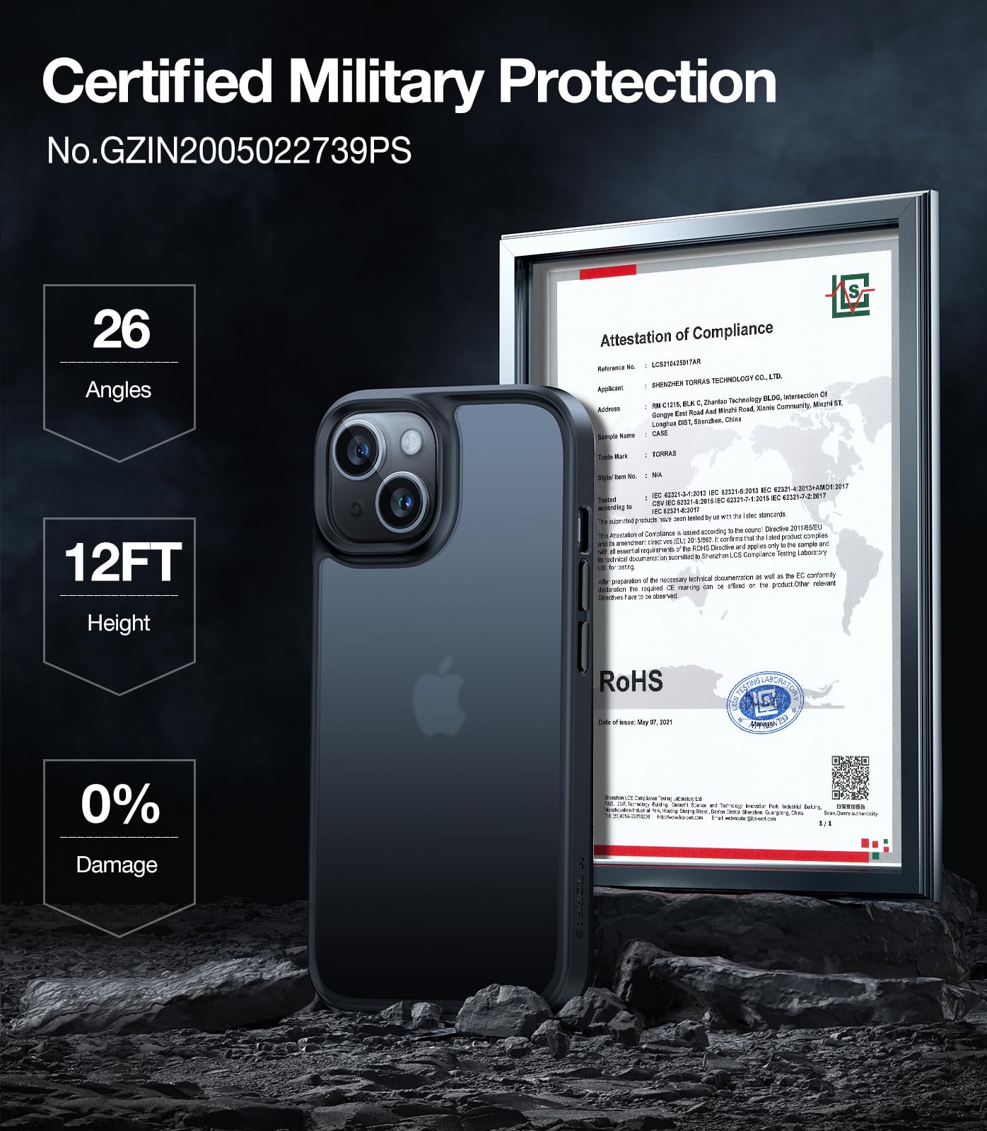 TORRAS Military Grade Shockproof iPhone 15 Case - 12FT Drop Protection, Slim Matte Hard Back with Translucent Silicone Edge (Black) | Perfect for Outdoor Activities, Work & Daily Protection