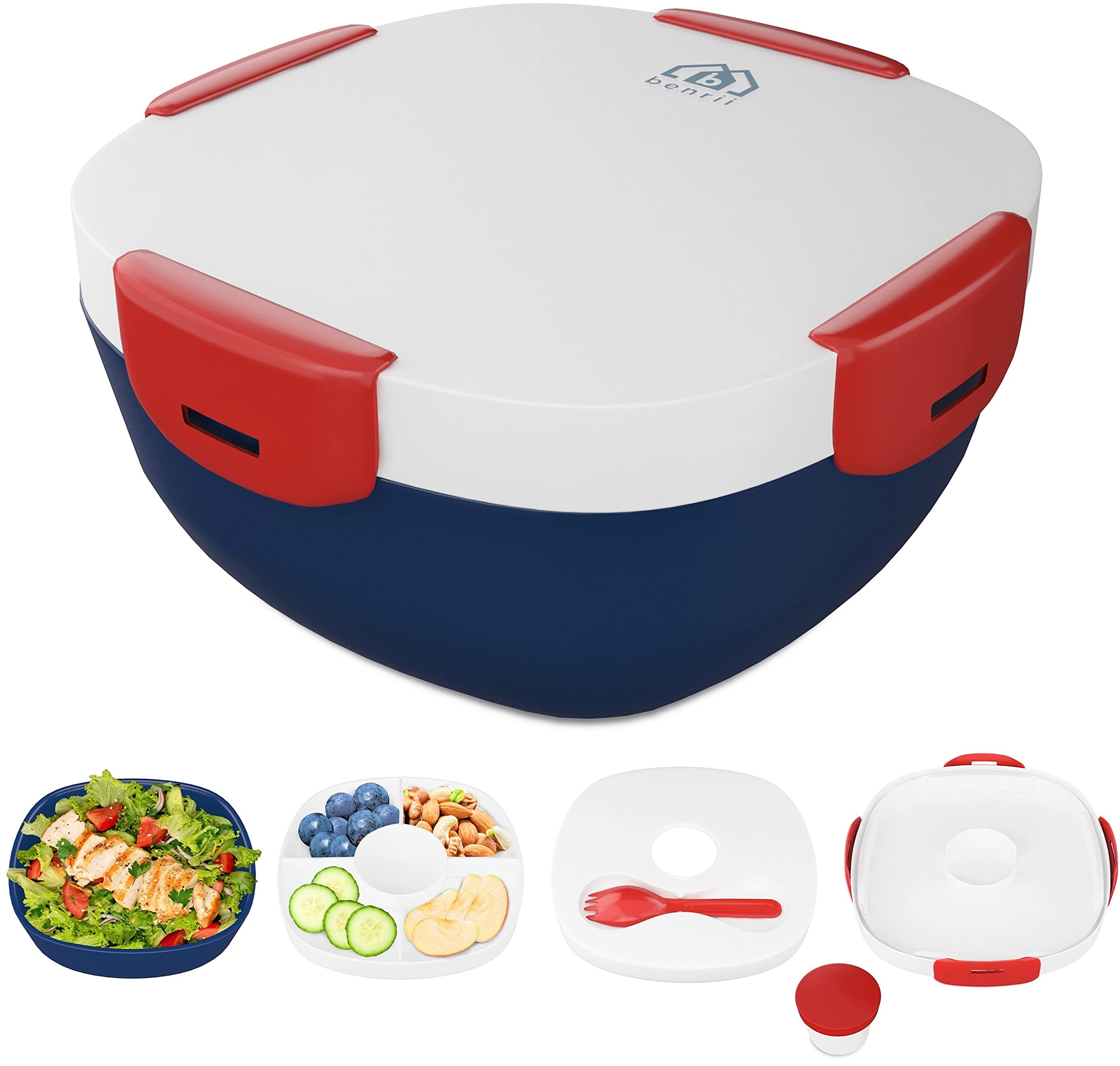 Premium Bento Box for Adults & Kids - Reusable Lunch Containers with Salad Dressing Container, Ice Pack & Spork - Microwave & Dishwasher Safe Meal Prep Containers for Office, School & Picnics (Red)