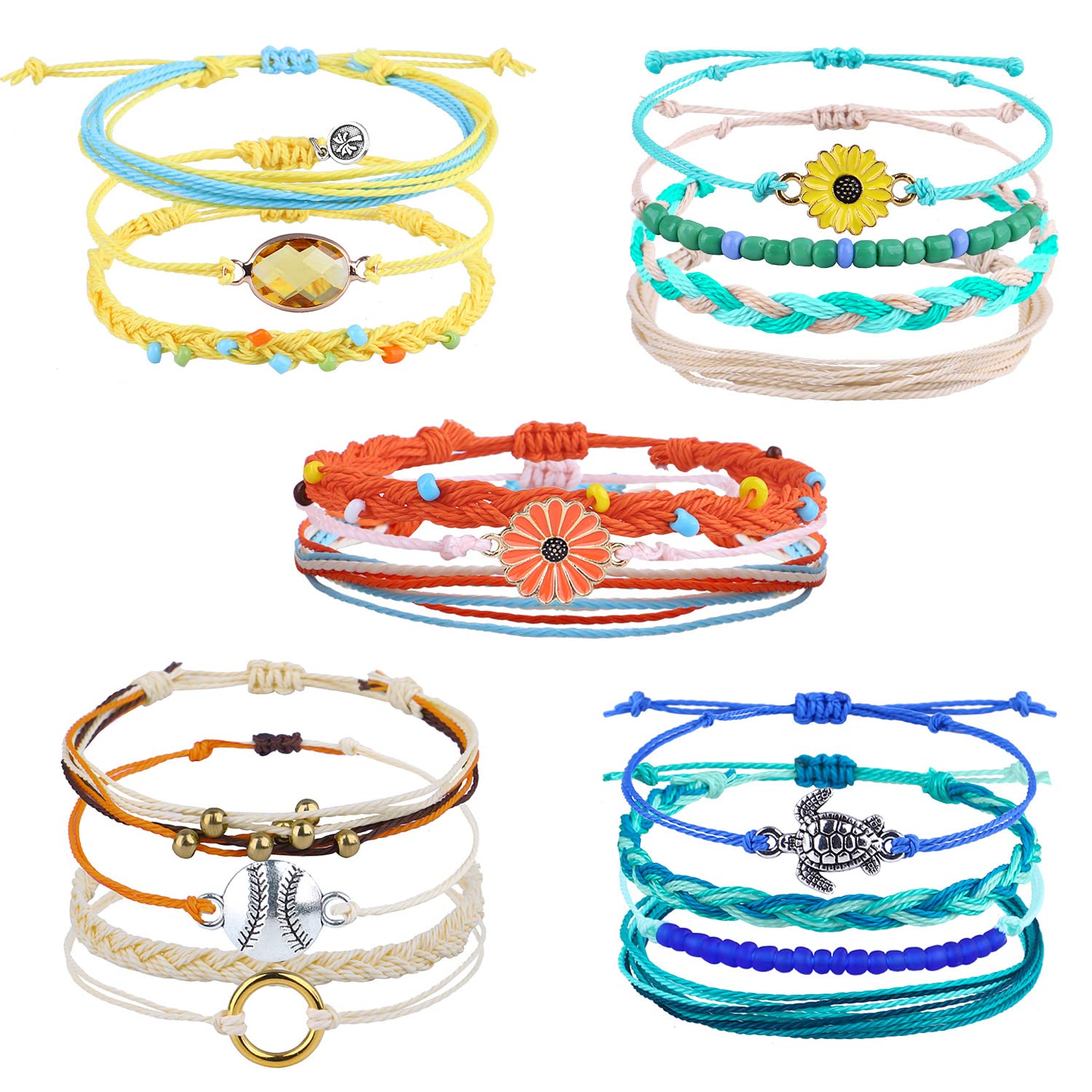 Boho Ankle Bracelets for Women - 18PCS Adjustable Beaded Sunflower Anklet Set | Waterproof Surfer Wave Anklets for Summer Beach, Festival & Vacation Accessories