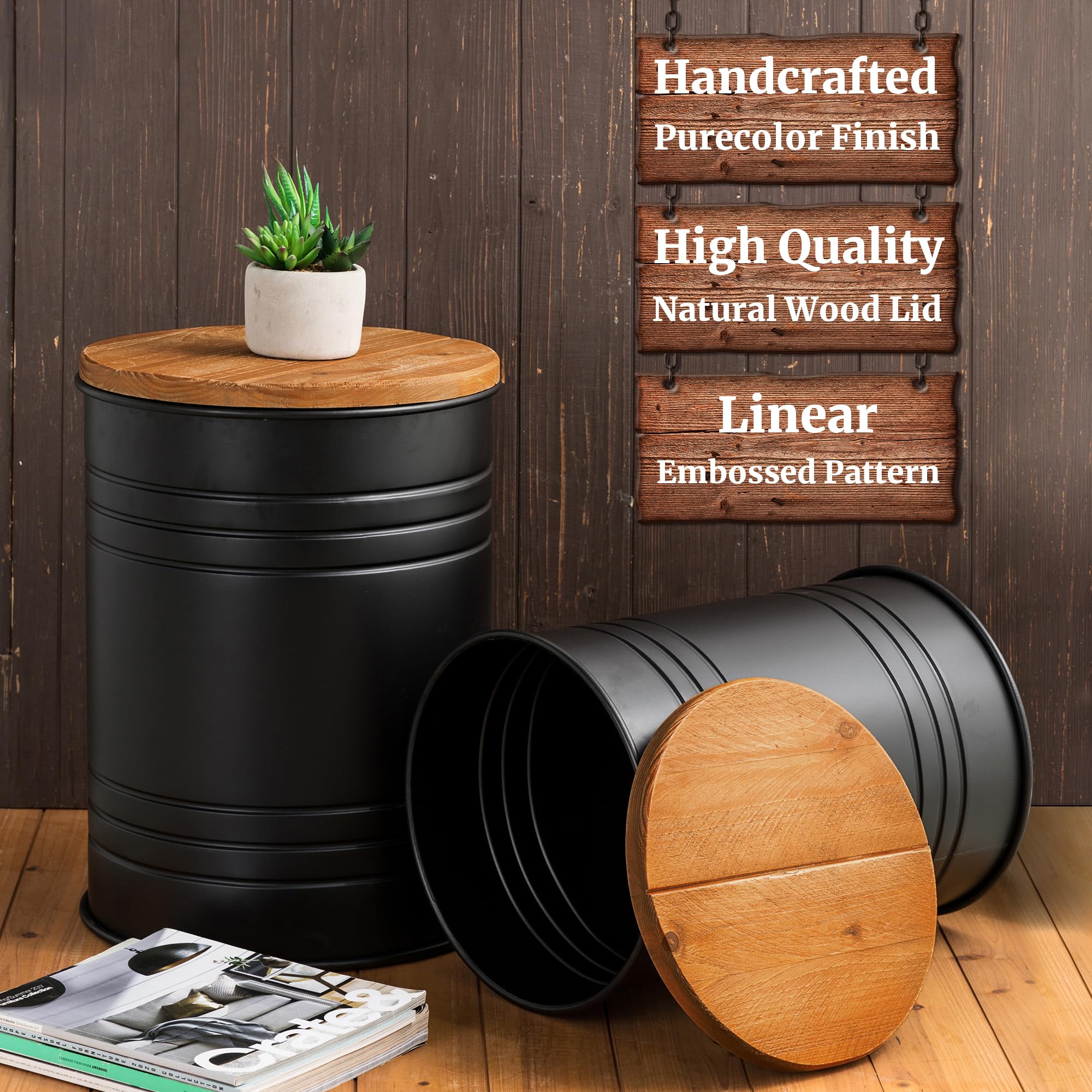 Glitzhome 4-Piece Galvanized Metal Side Table Set with Wood Lids - Rustic Farmhouse Barrel Toy Storage Bins & Ottoman Stool - Large Storage Space for Living Room, Bedroom, Office, Nursery - Black (Perfect for Home Decor, Organization & Extra Seating)