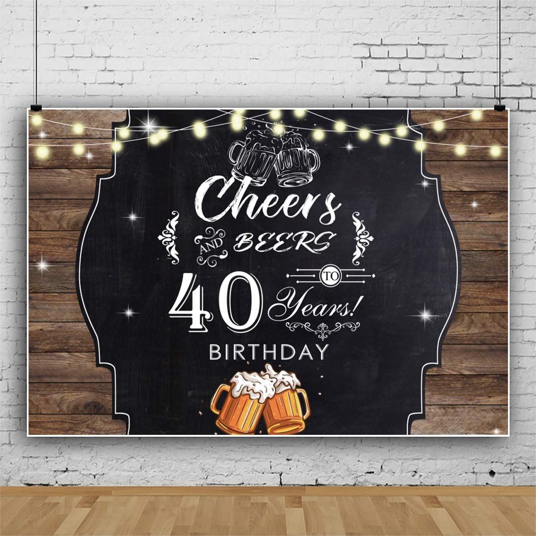 Baocicco 6x4ft Polyester Photography Backdrop - Cheers to 40 Years Birthday Party Decor with Beer Mugs & Shiny Bulbs on Wood Plank Design - Perfect for 40th Birthday Celebrations, Photo Booths & Social Media Backgrounds